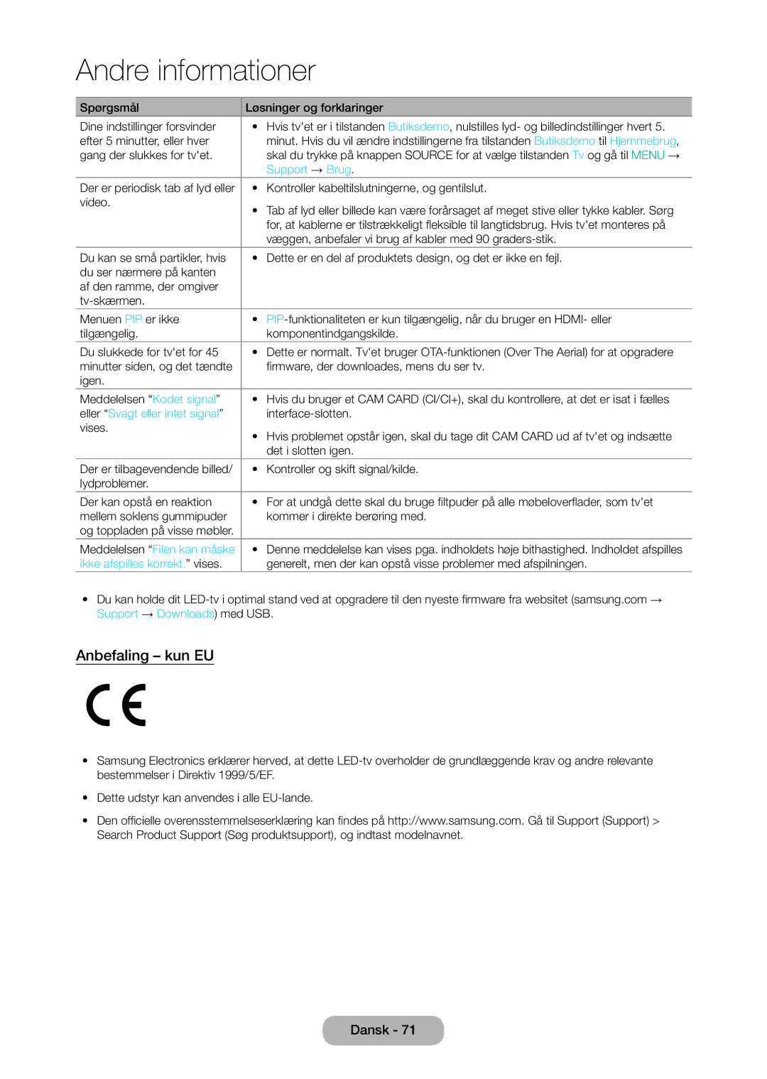 Samsung LT28D310EX/XE manual Anbefaling kun EU, Support → Brug, Eller Svagt eller intet signal, Meddelelsen Filen kan måske 