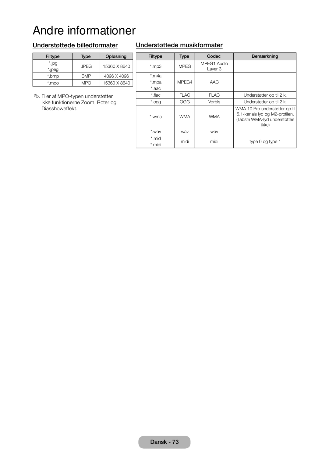 Samsung LT28D310EX/XE manual Understøttede billedformater, Understøttede musikformater 