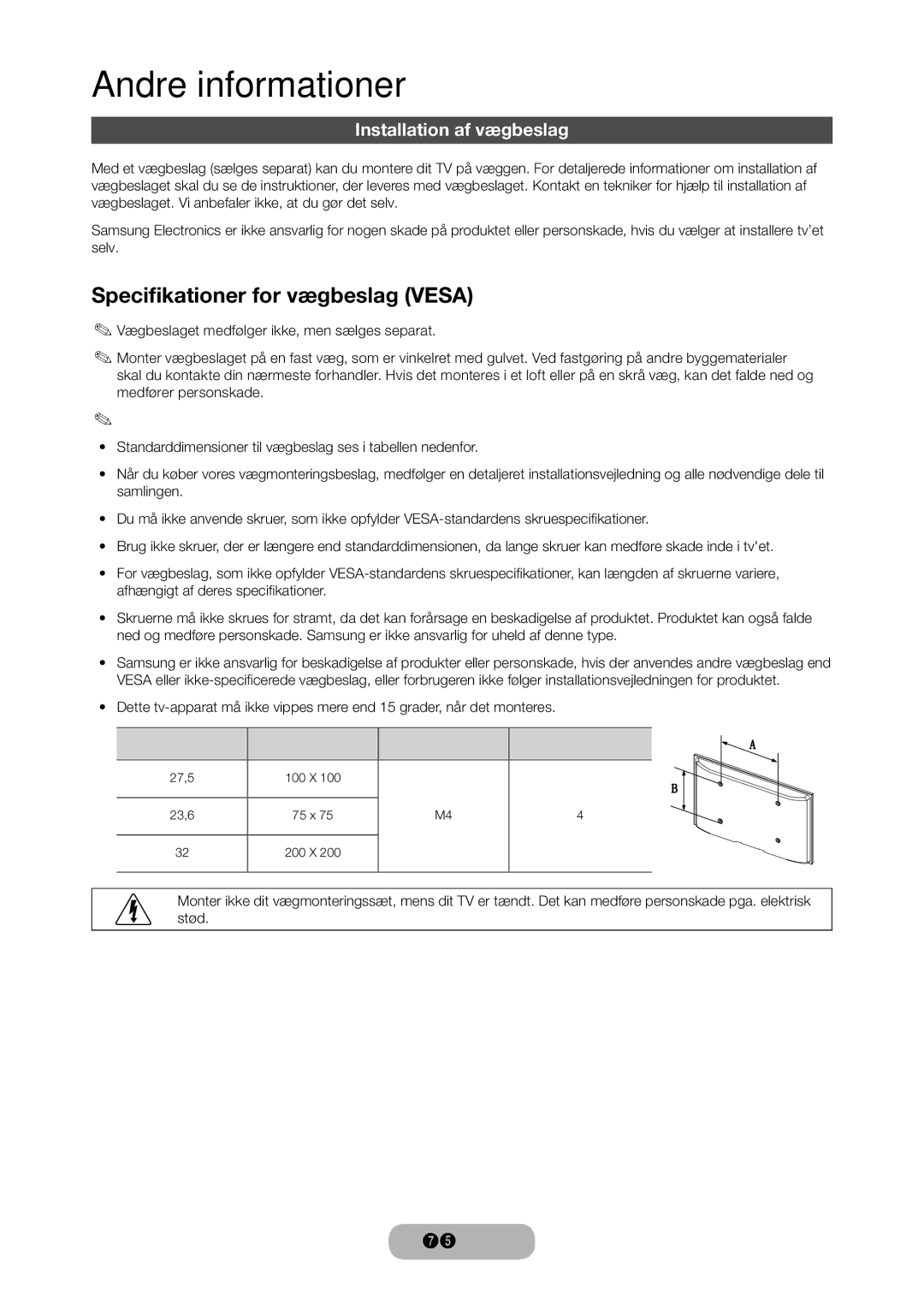 Samsung LT28D310EX/XE manual Specifikationer for vægbeslag Vesa, Installation af vægbeslag 