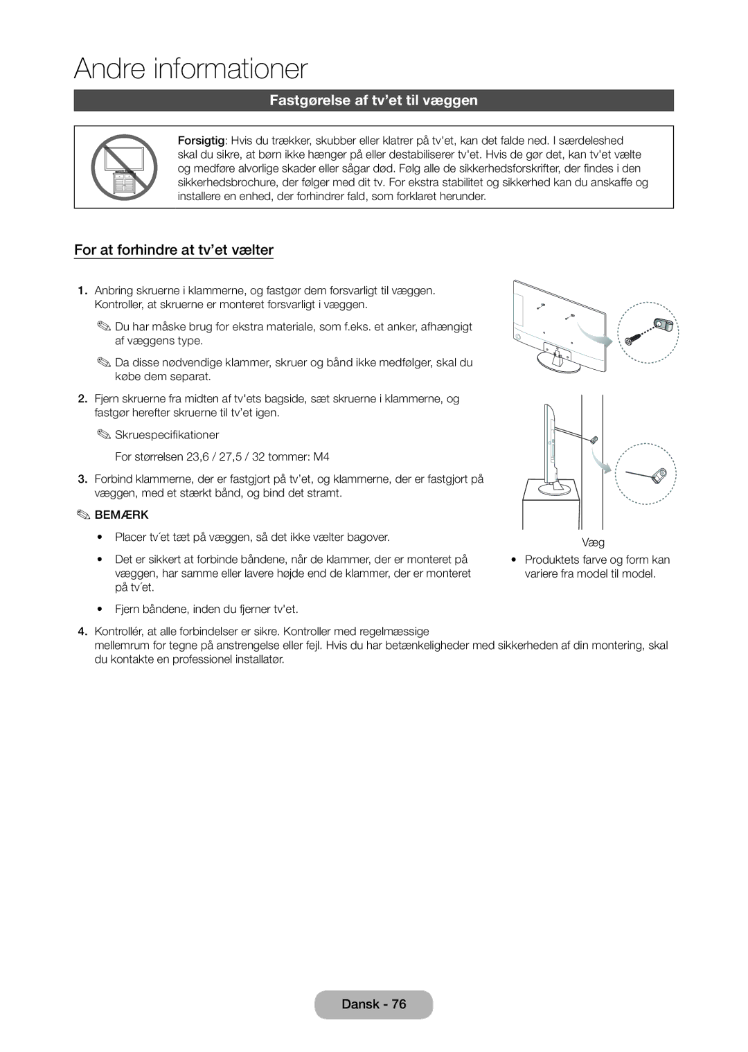 Samsung LT28D310EX/XE manual Fastgørelse af tv’et til væggen, For at forhindre at tv’et vælter 