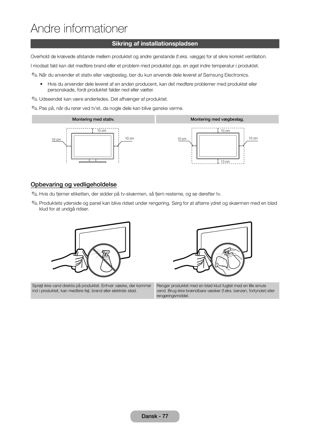 Samsung LT28D310EX/XE manual Sikring af installationspladsen, Opbevaring og vedligeholdelse 