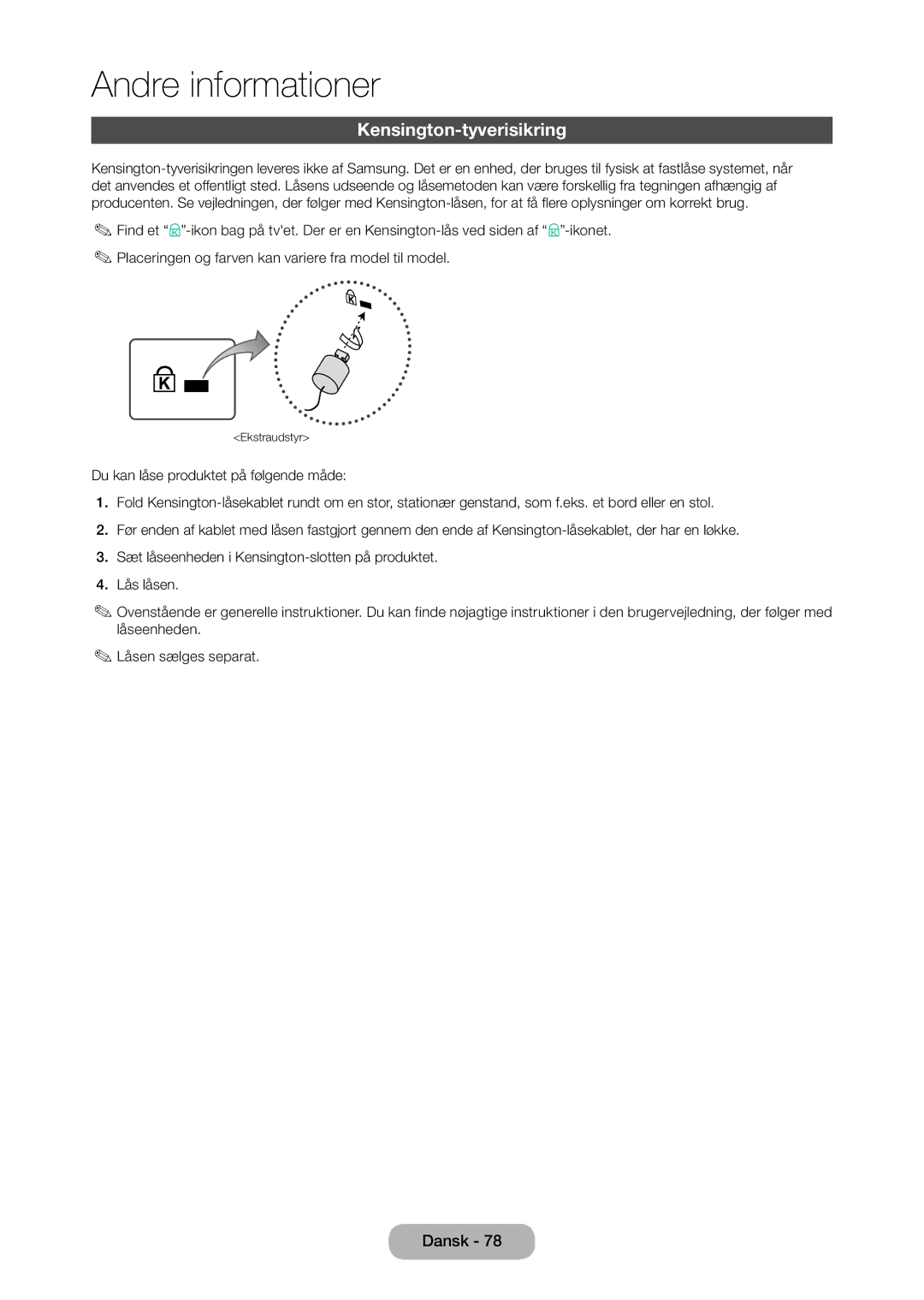 Samsung LT28D310EX/XE manual Kensington-tyverisikring 