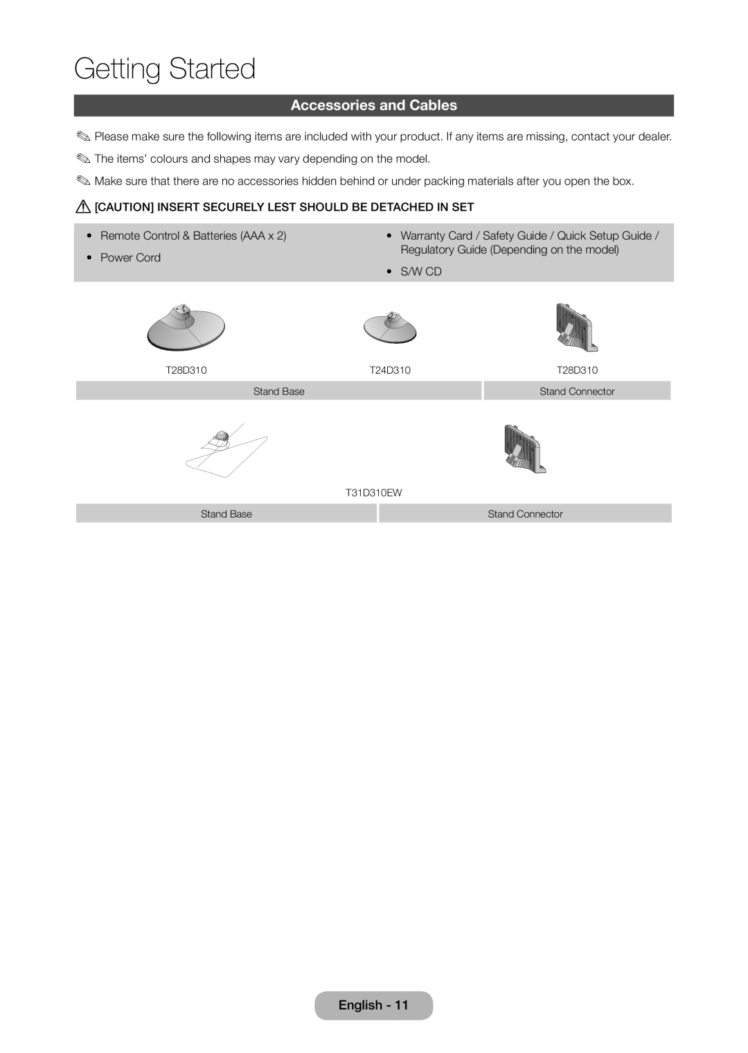 Samsung LT28D310EX/XE manual Accessories and Cables 