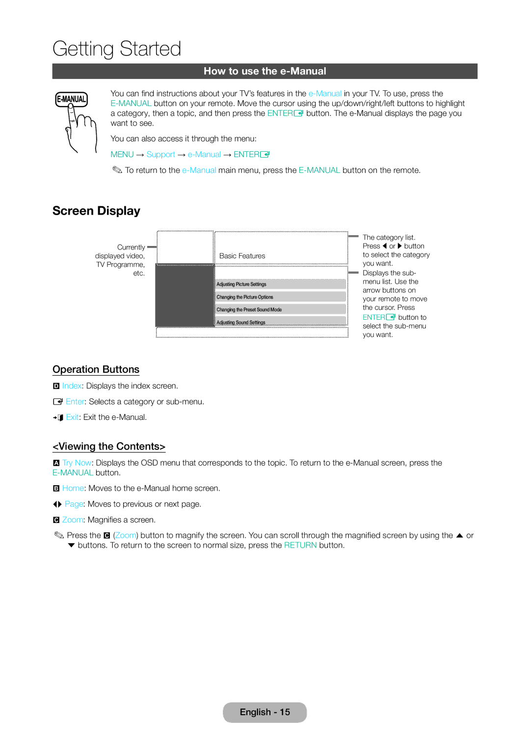 Samsung LT28D310EX/XE manual Screen Display, How to use the e-Manual, Operation Buttons, Viewing the Contents 