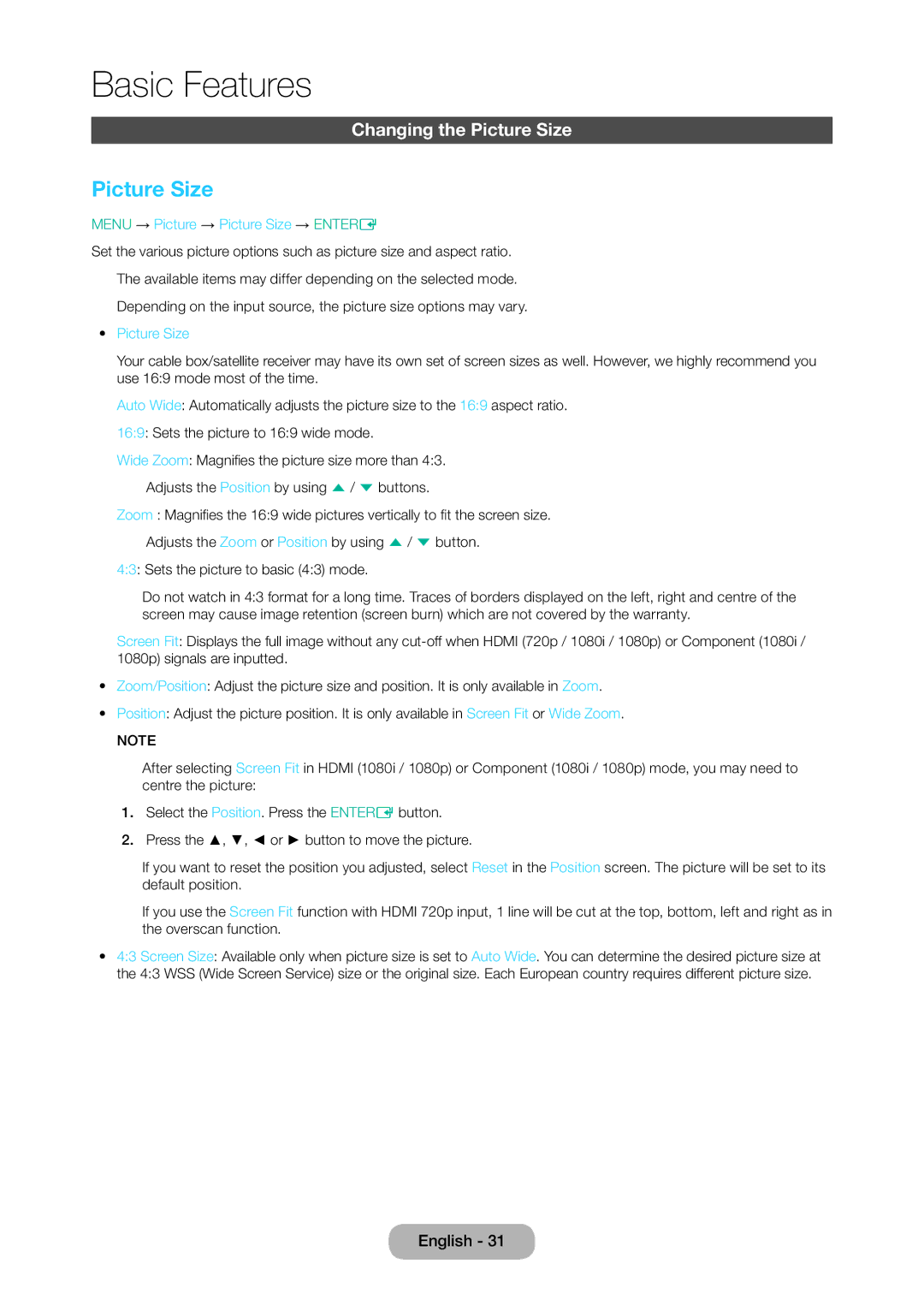 Samsung LT28D310EX/XE manual Changing the Picture Size, Menu → Picture → Picture Size → Entere 