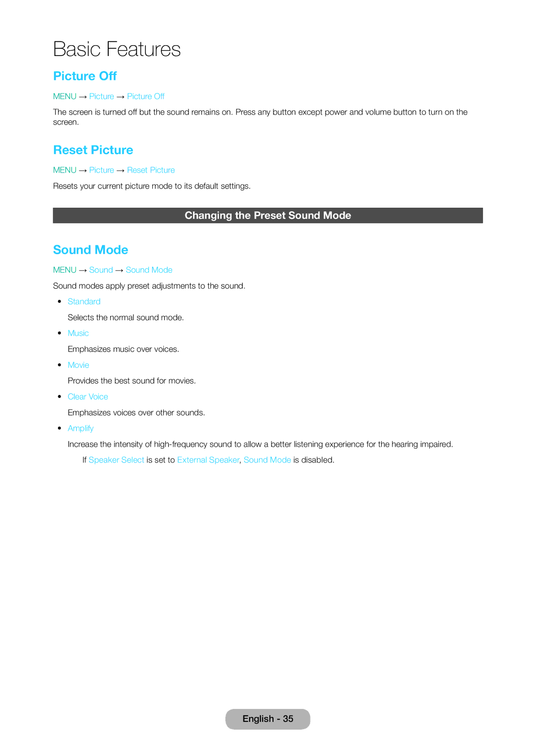 Samsung LT28D310EX/XE manual Picture Off, Reset Picture, Changing the Preset Sound Mode 