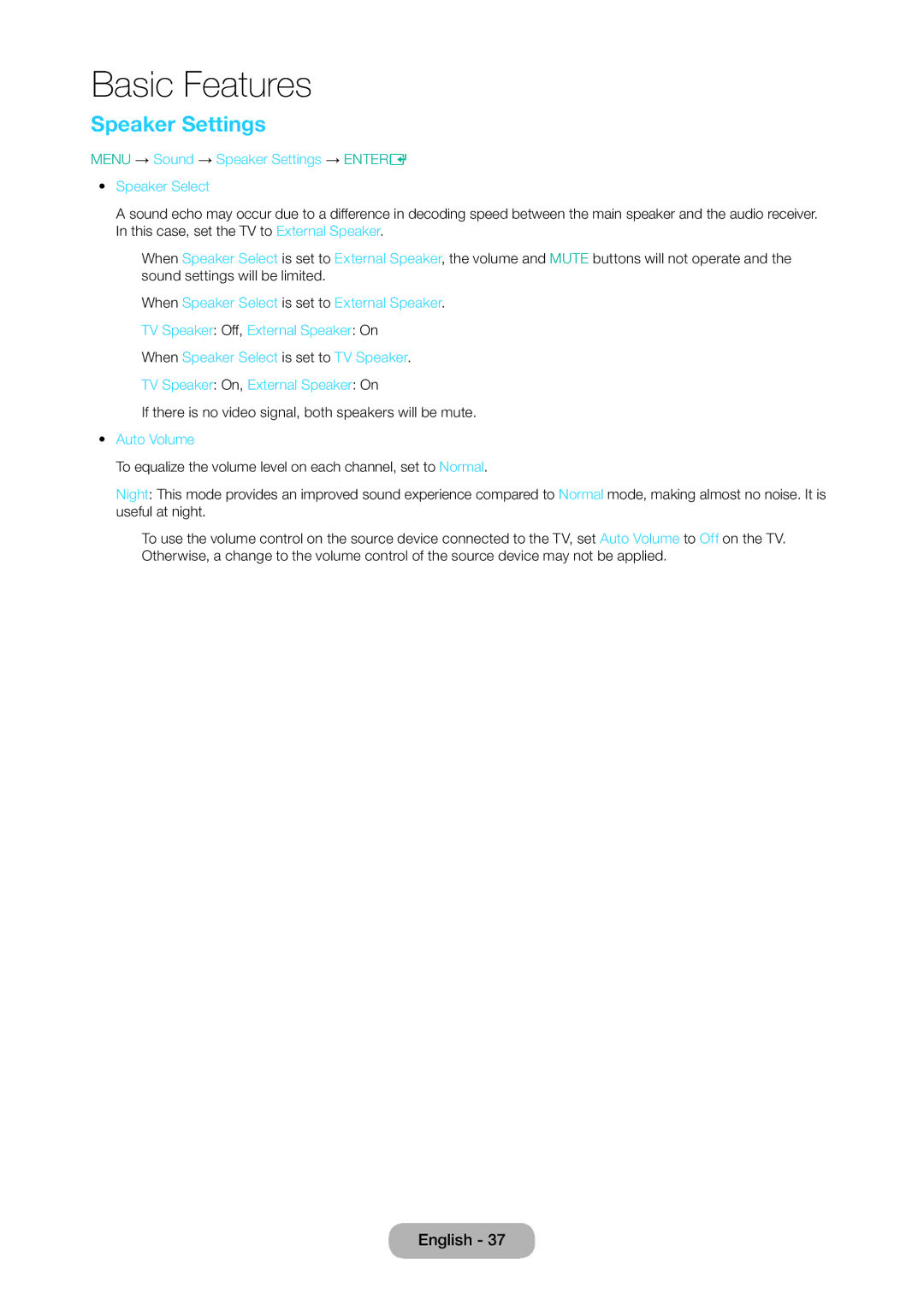 Samsung LT28D310EX/XE manual Menu → Sound → Speaker Settings → Entere Speaker Select, Auto Volume 