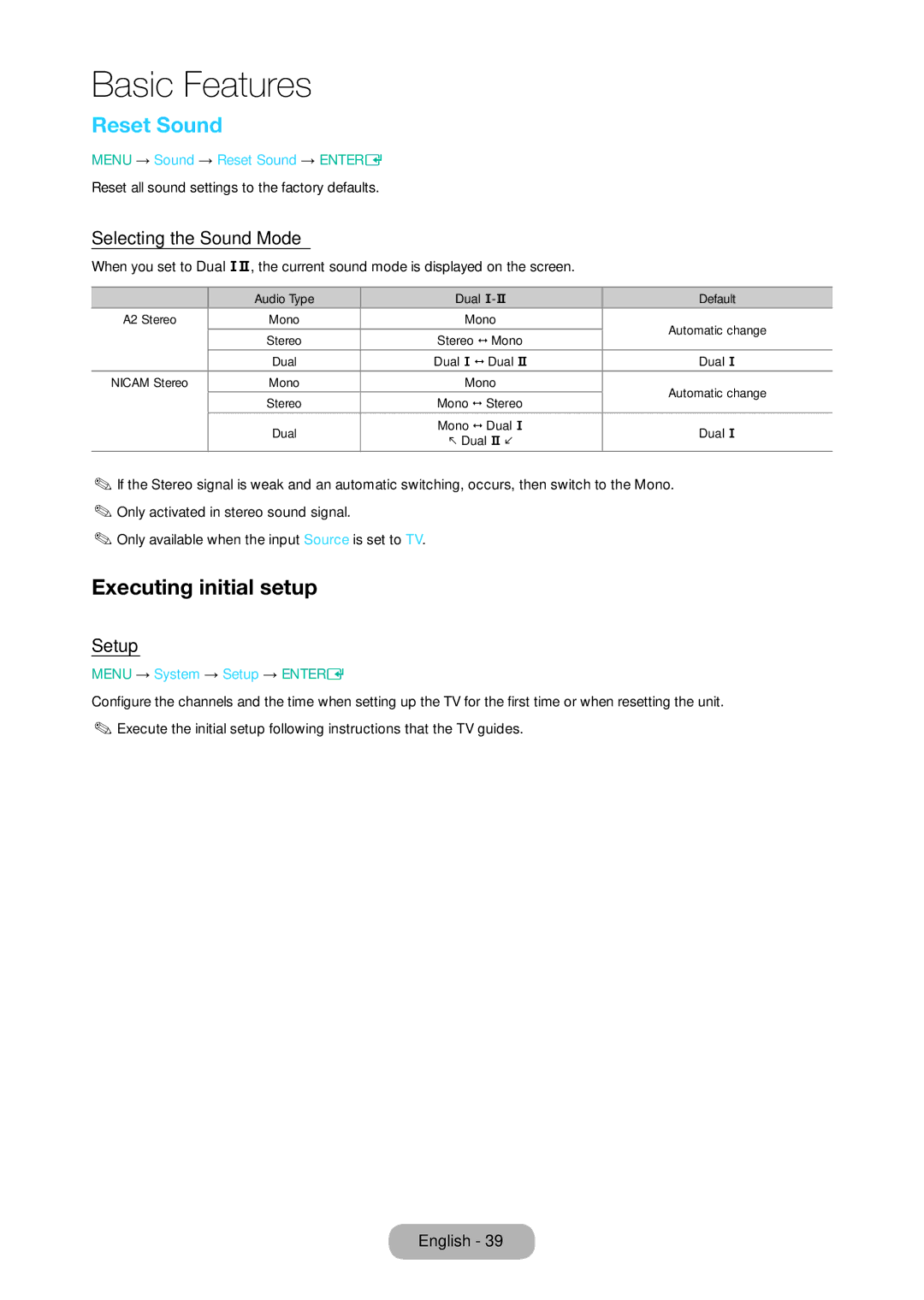 Samsung LT28D310EX/XE manual Reset Sound, Executing initial setup, Selecting the Sound Mode, Setup 