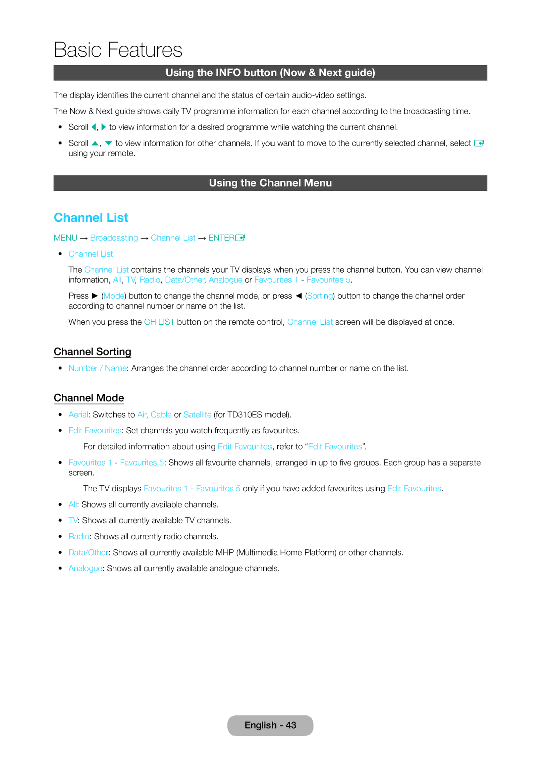 Samsung LT28D310EX/XE manual Channel List, Using the Info button Now & Next guide, Using the Channel Menu, Channel Sorting 