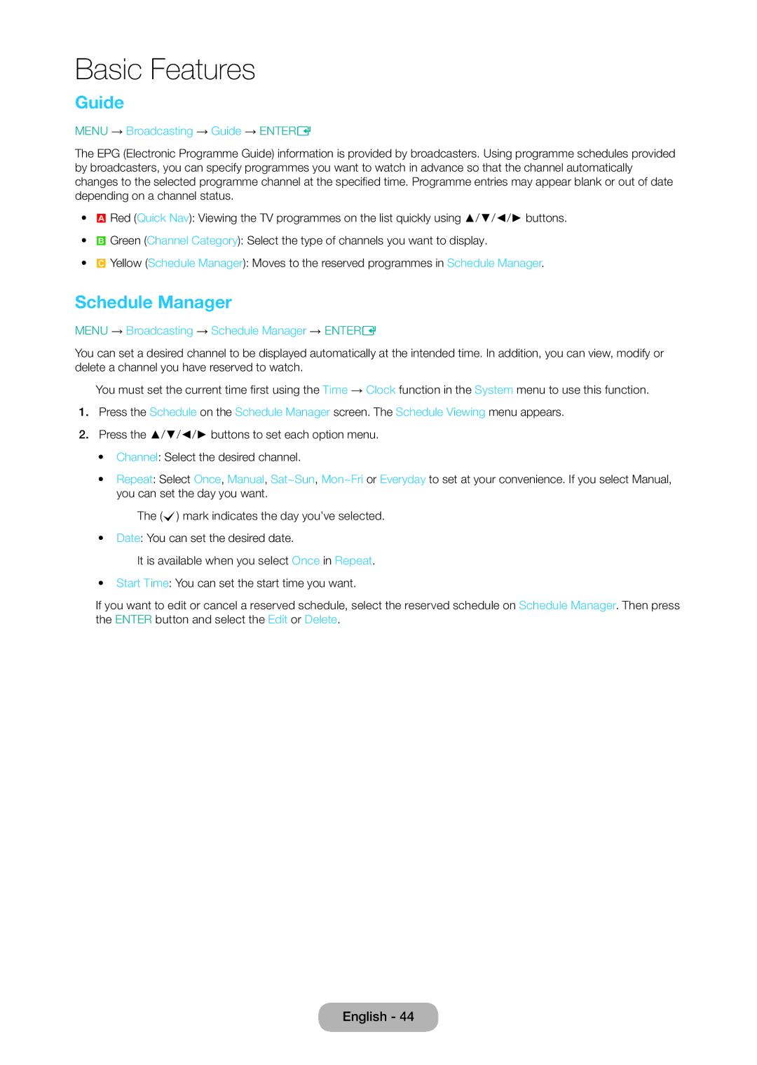 Samsung LT28D310EX/XE manual Schedule Manager, Menu → Broadcasting → Guide → Entere 