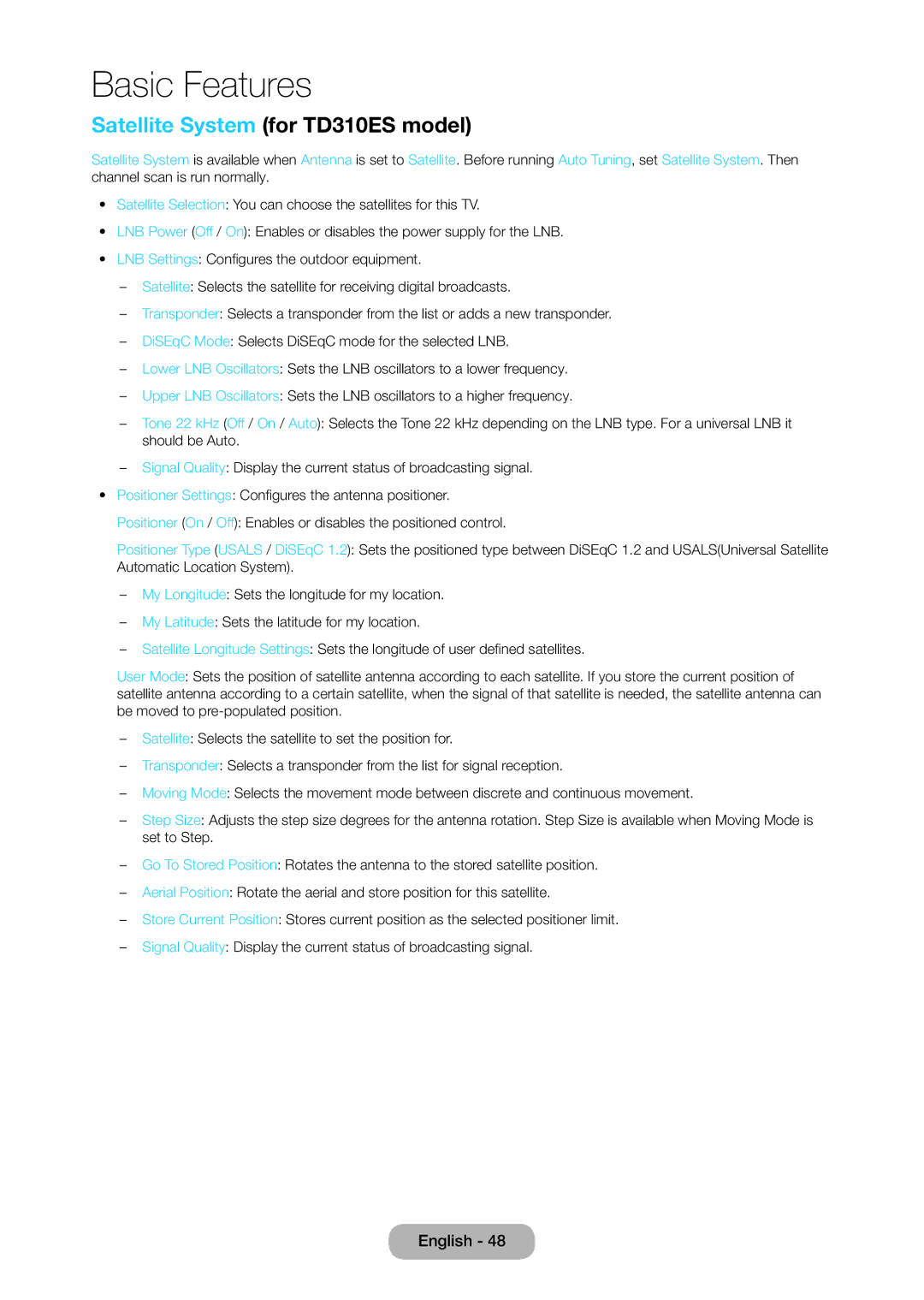 Samsung LT28D310EX/XE manual Satellite System for TD310ES model 