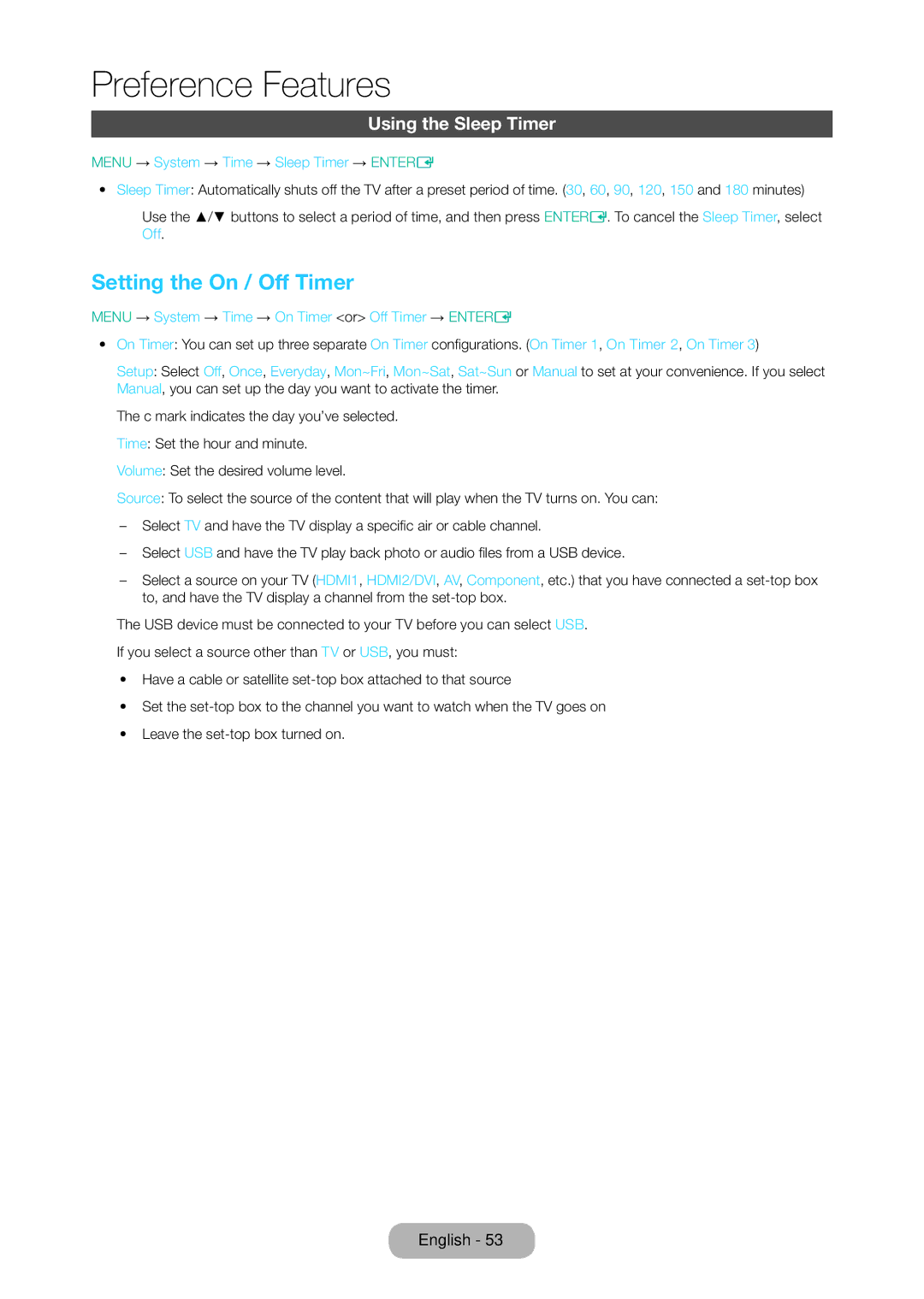 Samsung LT28D310EX/XE manual Setting the On / Off Timer, Using the Sleep Timer, Menu → System → Time → Sleep Timer → Entere 