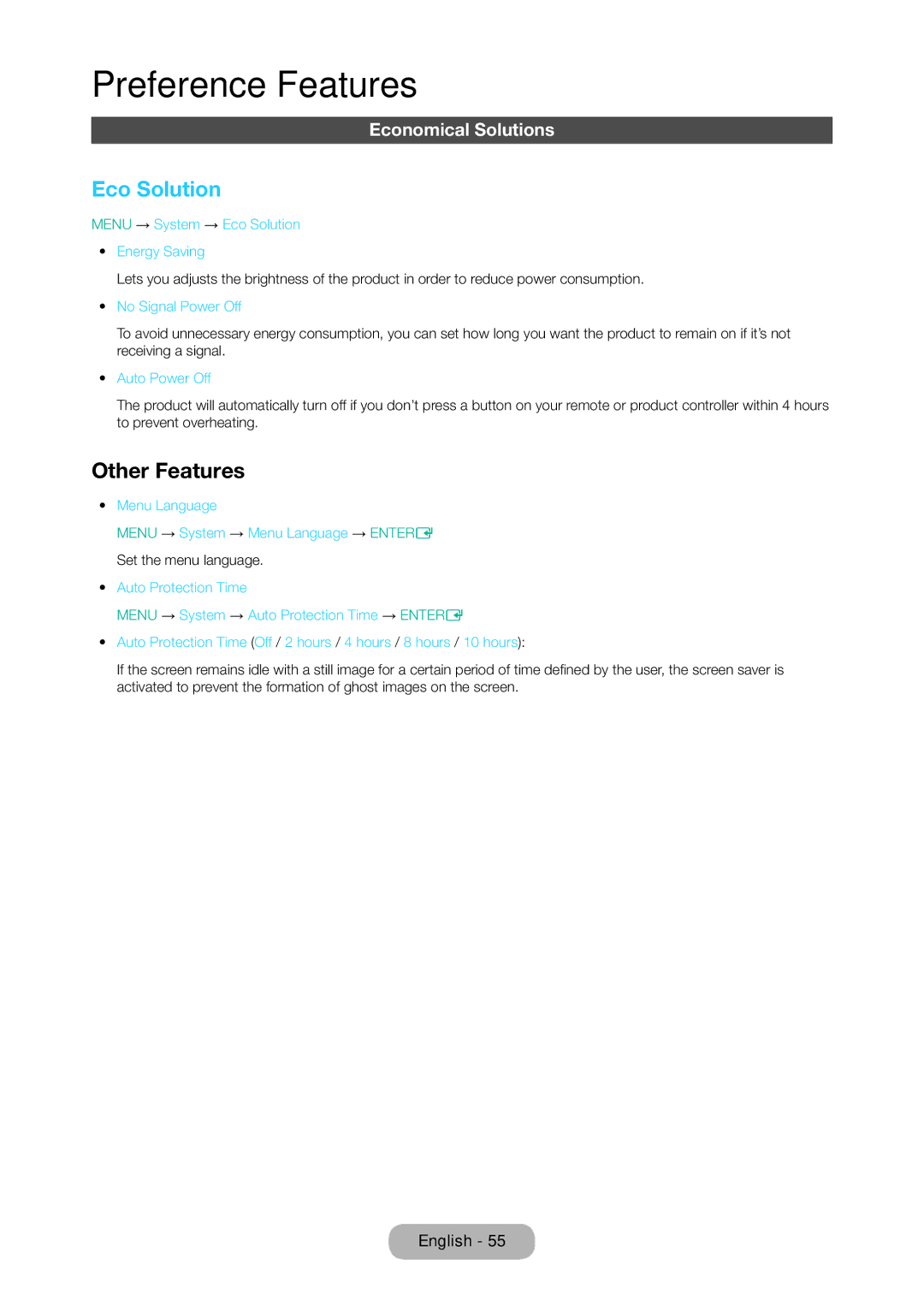 Samsung LT28D310EX/XE manual Eco Solution, Other Features, Economical Solutions 