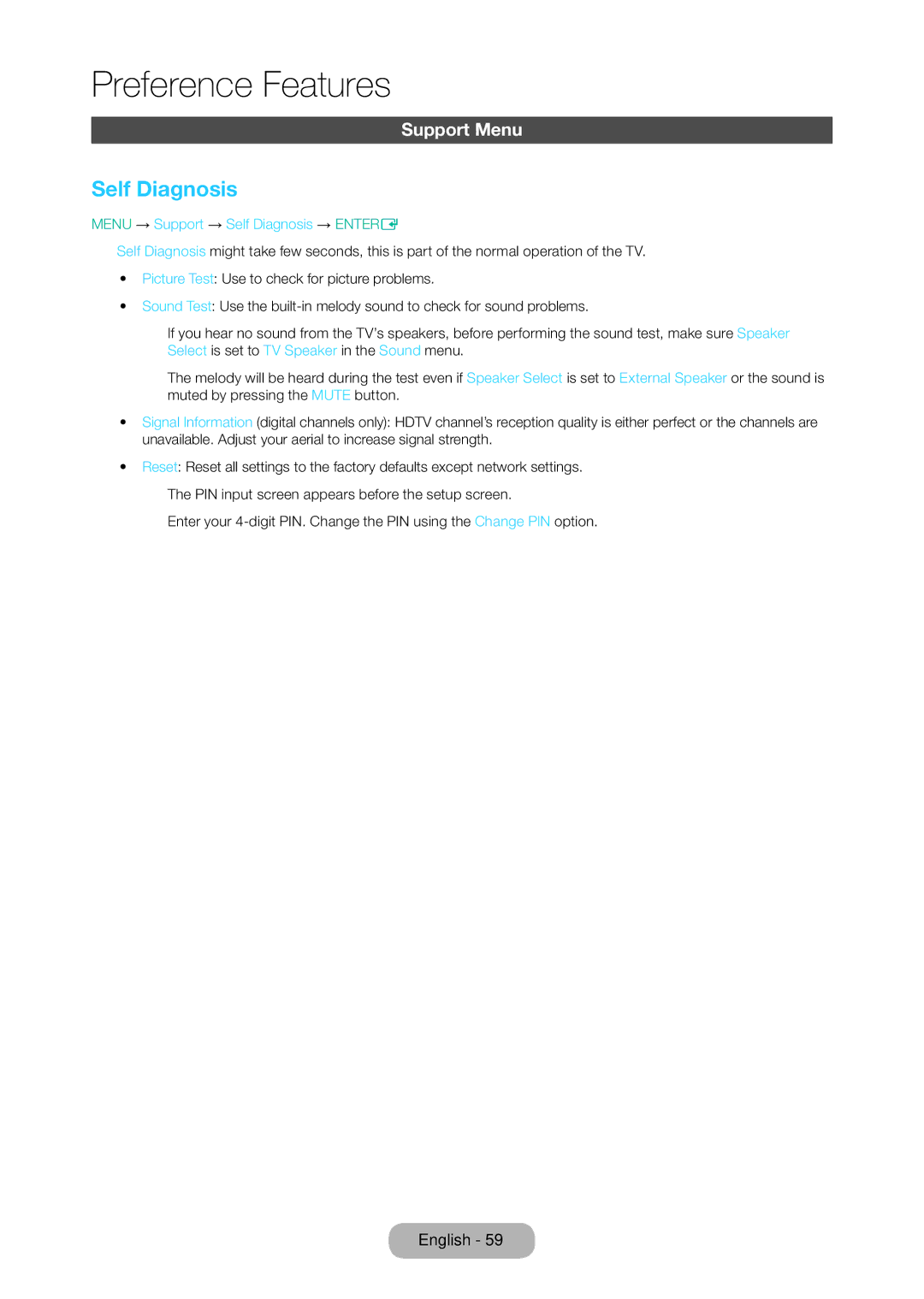 Samsung LT28D310EX/XE manual Support Menu, Menu → Support → Self Diagnosis → Entere 