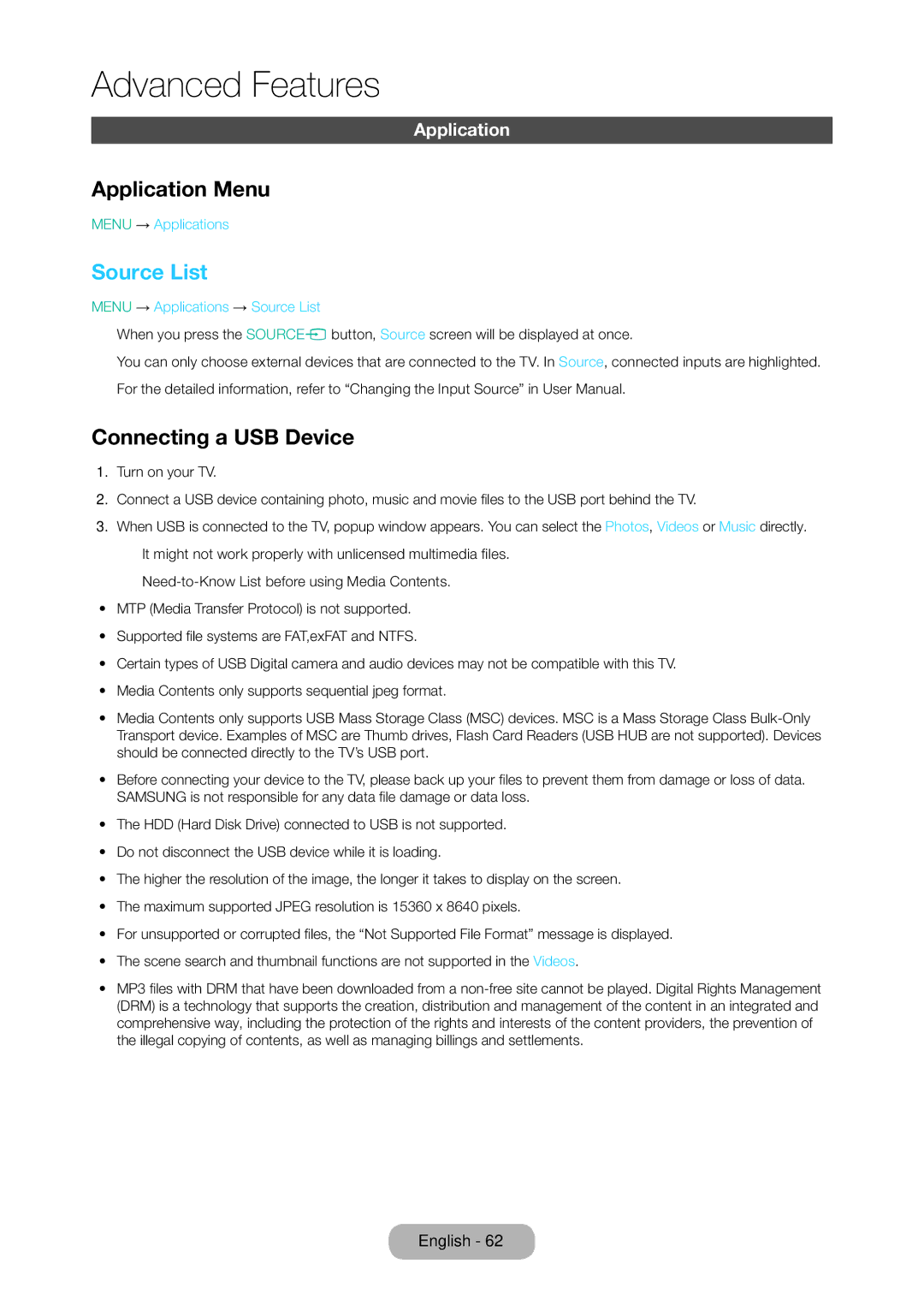 Samsung LT28D310EX/XE manual Application Menu, Source List, Connecting a USB Device 