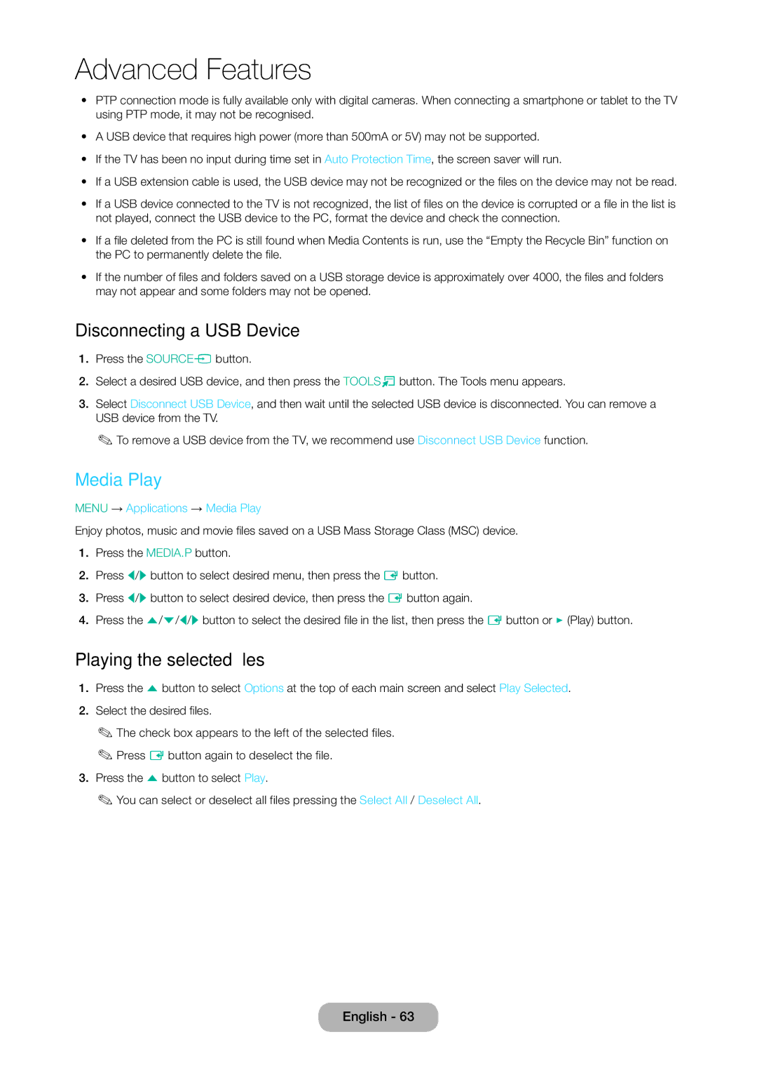 Samsung LT28D310EX/XE manual Disconnecting a USB Device, Playing the selected files, Menu → Applications → Media Play 