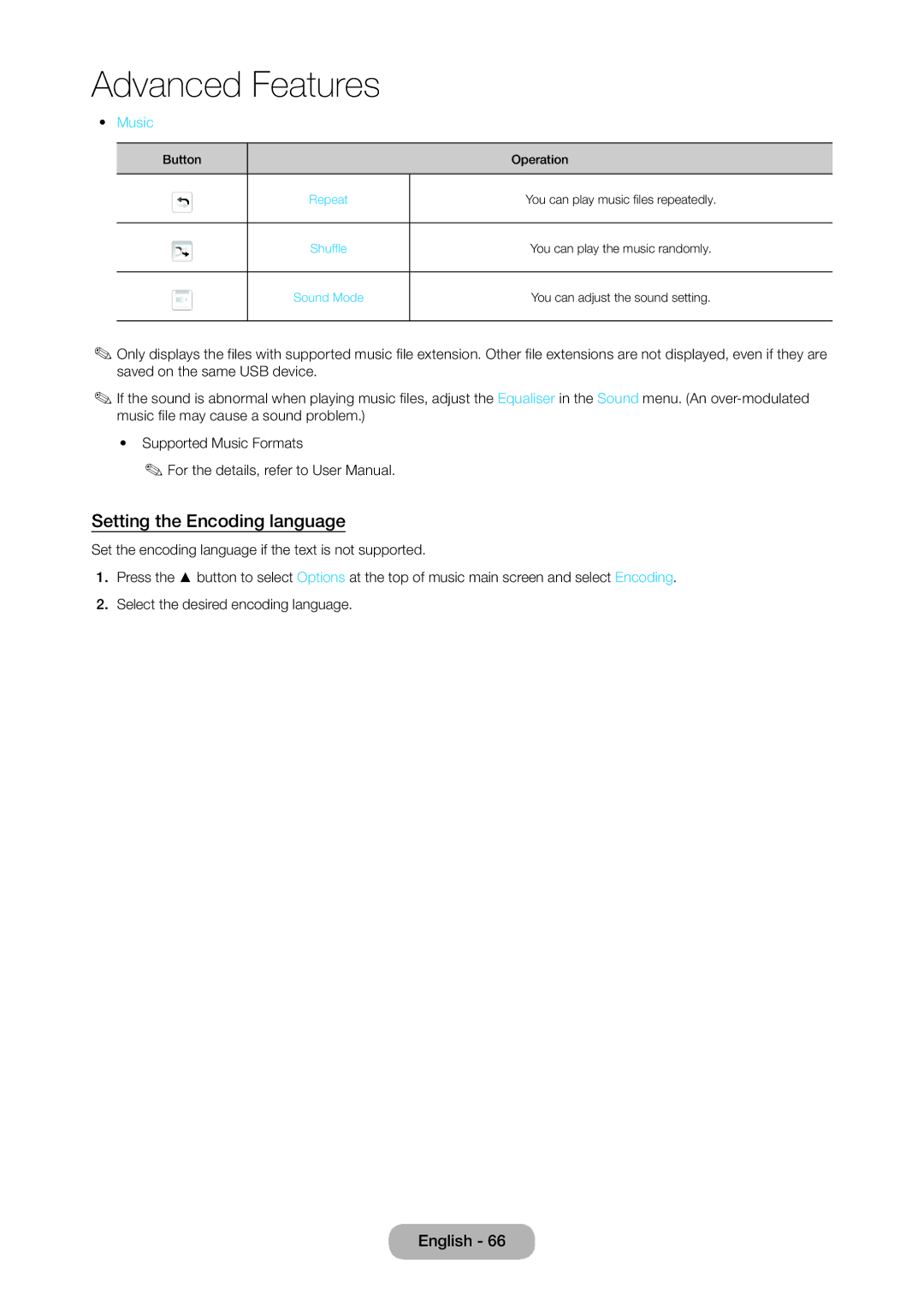 Samsung LT28D310EX/XE manual Setting the Encoding language, Music 