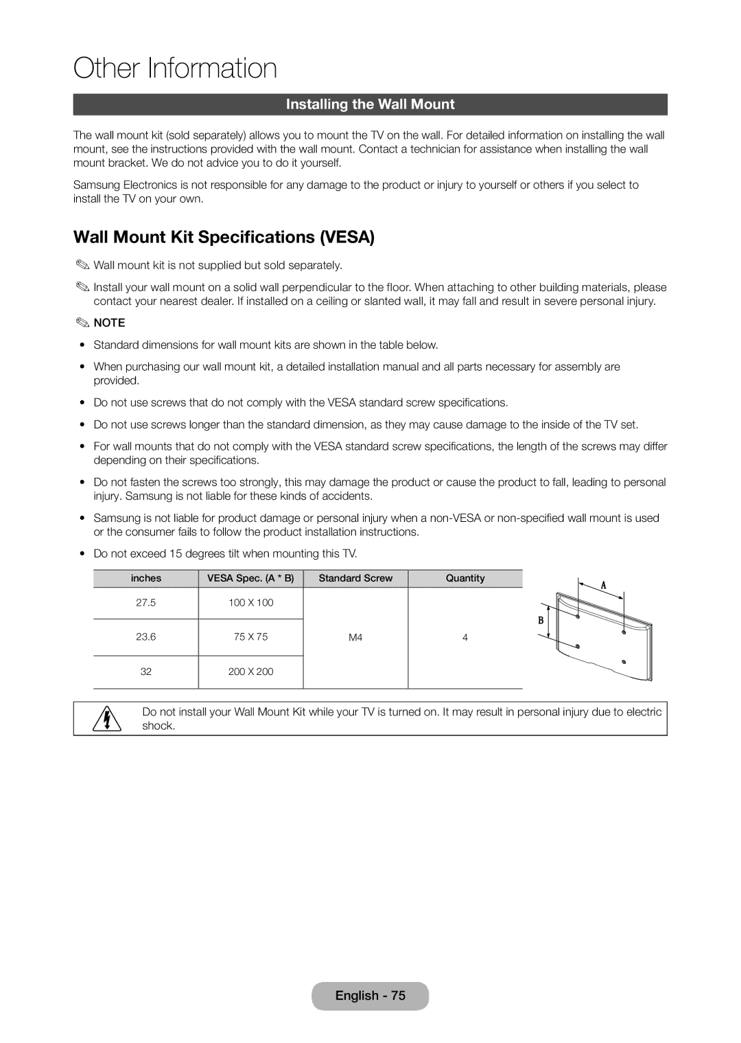 Samsung LT28D310EX/XE manual Wall Mount Kit Specifications Vesa, Installing the Wall Mount 