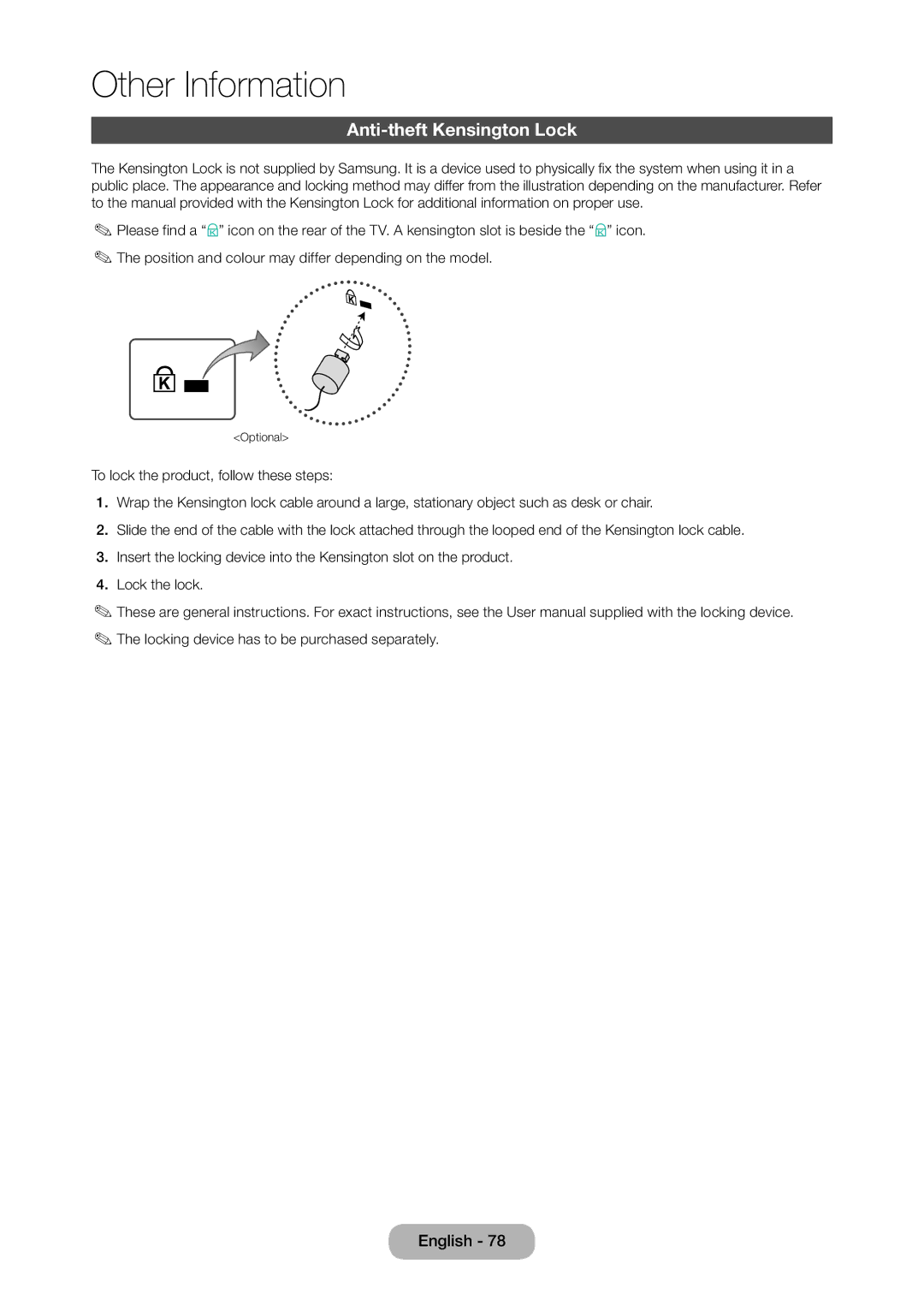 Samsung LT28D310EX/XE manual Anti-theft Kensington Lock 