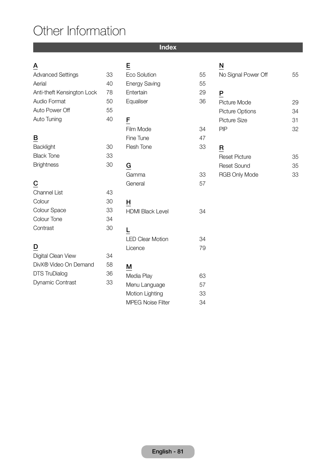 Samsung LT28D310EX/XE manual Index, Pip 