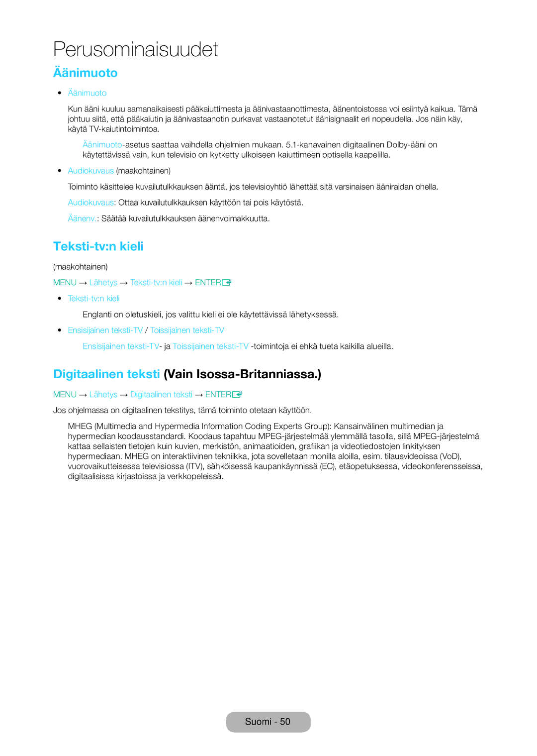 Samsung LT28D310EX/XE manual Äänimuoto, Teksti-tvn kieli, Digitaalinen teksti Vain Isossa-Britanniassa 