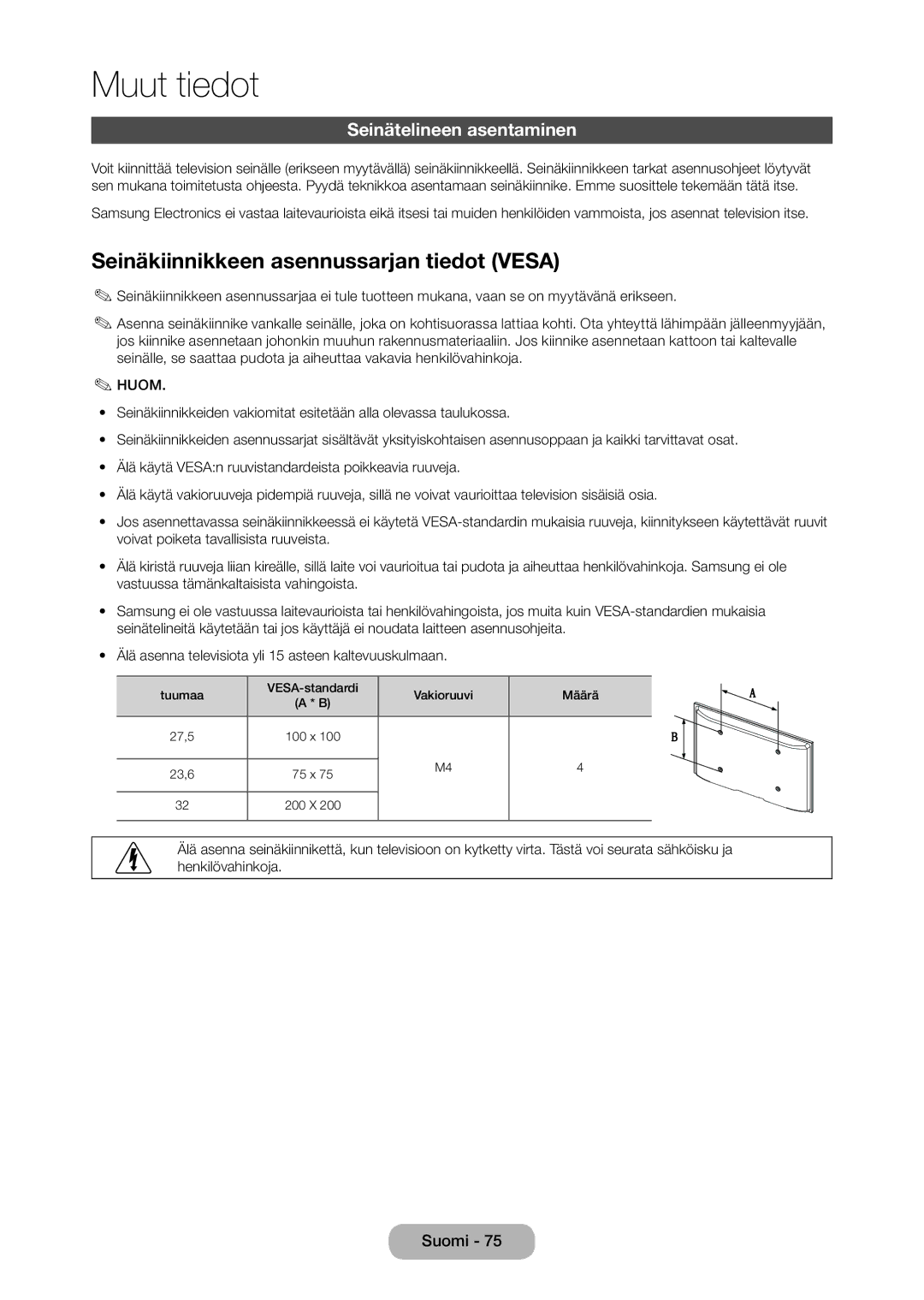 Samsung LT28D310EX/XE manual Seinäkiinnikkeen asennussarjan tiedot Vesa, Seinätelineen asentaminen 