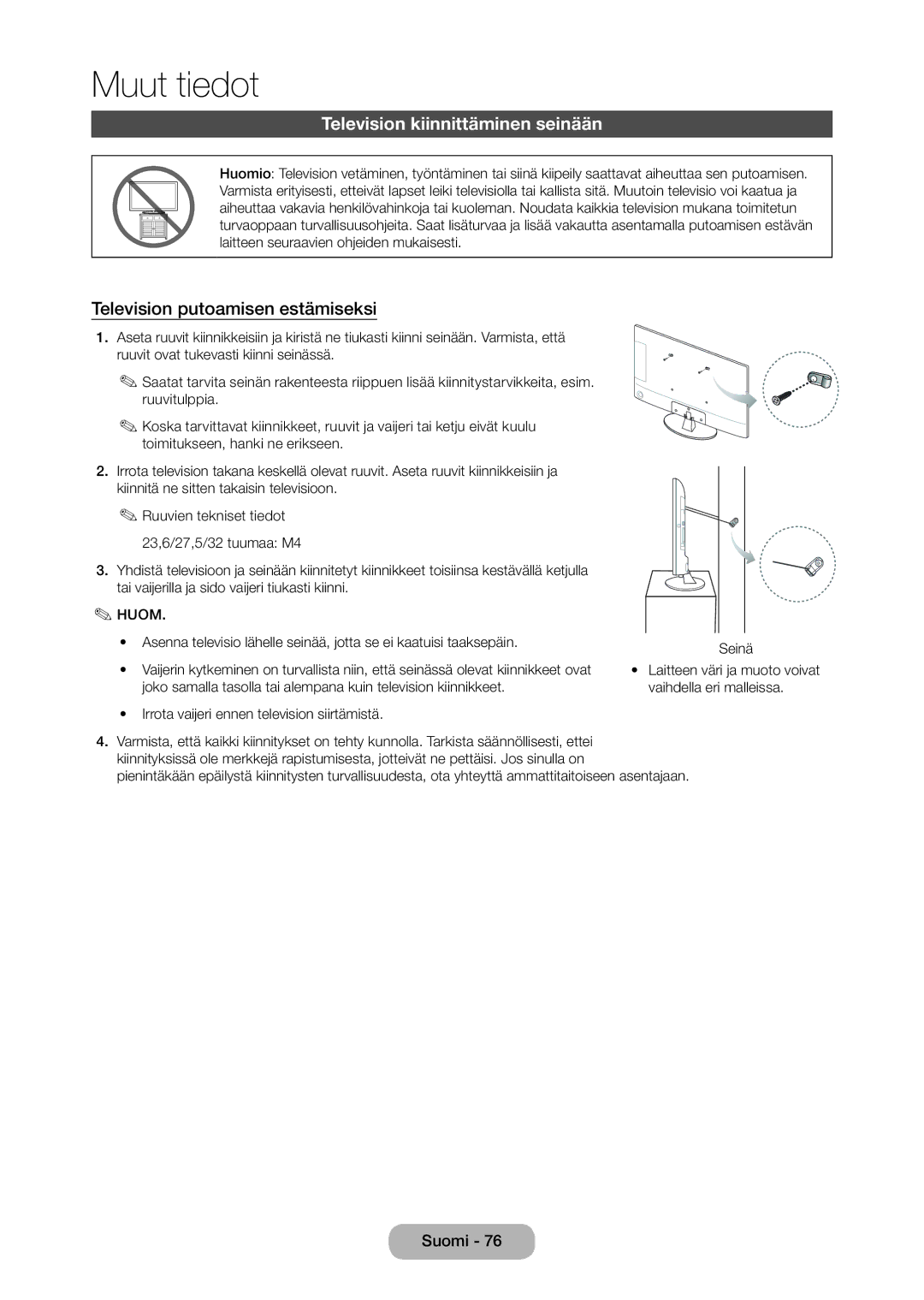 Samsung LT28D310EX/XE manual Television kiinnittäminen seinään, Television putoamisen estämiseksi 