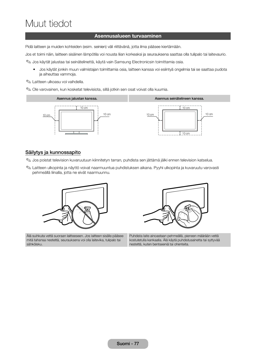 Samsung LT28D310EX/XE manual Asennusalueen turvaaminen, Säilytys ja kunnossapito 