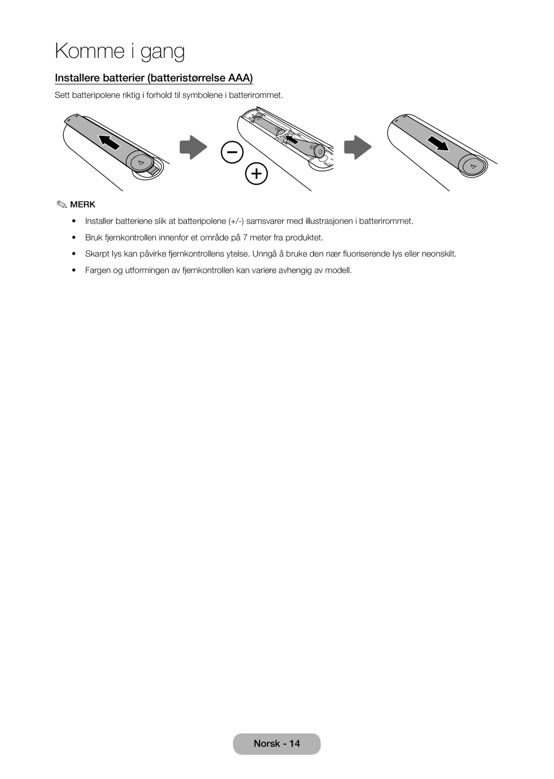 Samsung LT28D310EX/XE manual Installere batterier batteristørrelse AAA, Merk 