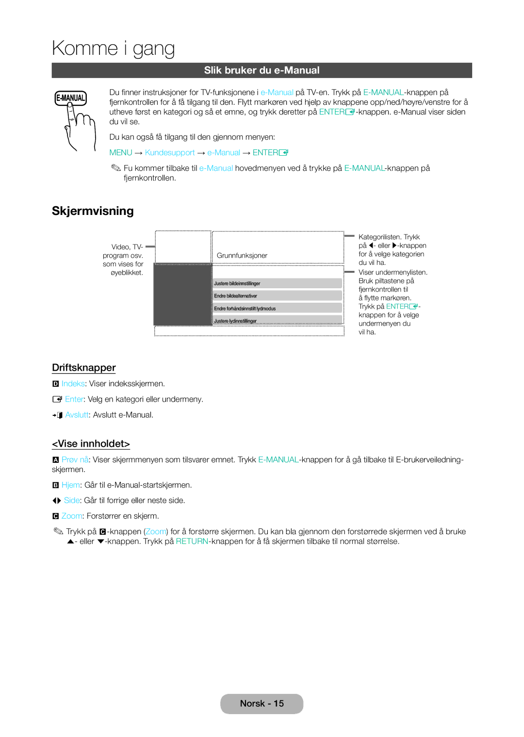 Samsung LT28D310EX/XE manual Skjermvisning, Slik bruker du e-Manual, Driftsknapper, Vise innholdet 