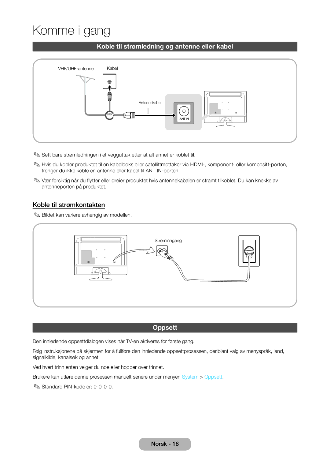 Samsung LT28D310EX/XE manual Koble til strømledning og antenne eller kabel, Koble til strømkontakten, Oppsett 