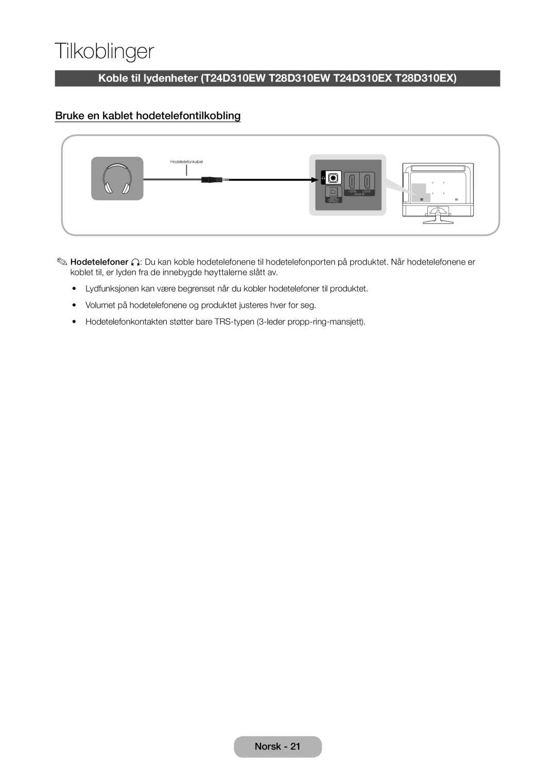 Samsung LT28D310EX/XE Koble til lydenheter T24D310EW T28D310EW T24D310EX T28D310EX, Bruke en kablet hodetelefontilkobling 