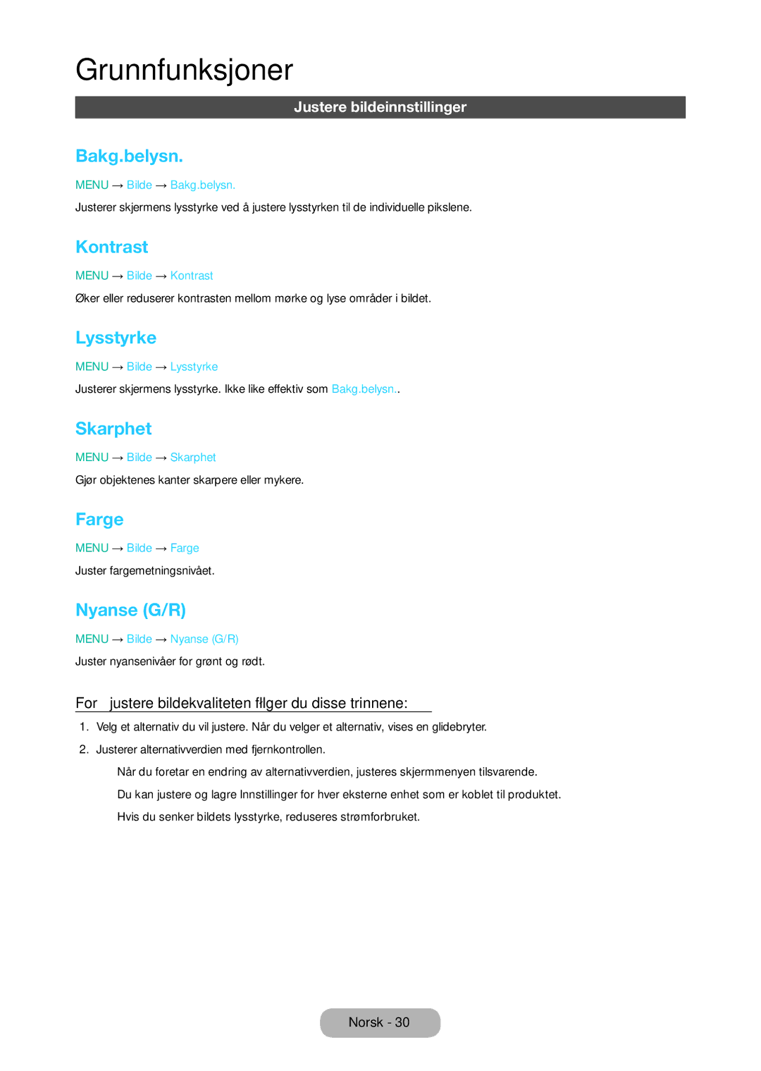 Samsung LT28D310EX/XE manual Bakg.belysn, Kontrast, Lysstyrke, Skarphet, Farge, Nyanse G/R 