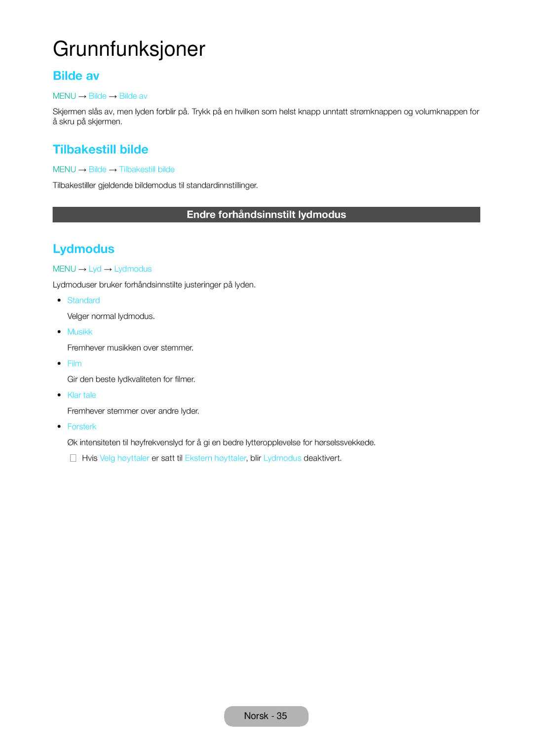 Samsung LT28D310EX/XE manual Bilde av, Tilbakestill bilde, Lydmodus, Endre forhåndsinnstilt lydmodus 