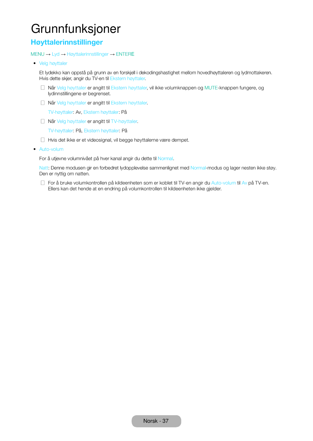 Samsung LT28D310EX/XE manual Menu → Lyd → Høyttalerinnstillinger → Entere Velg høyttaler, Auto-volum 