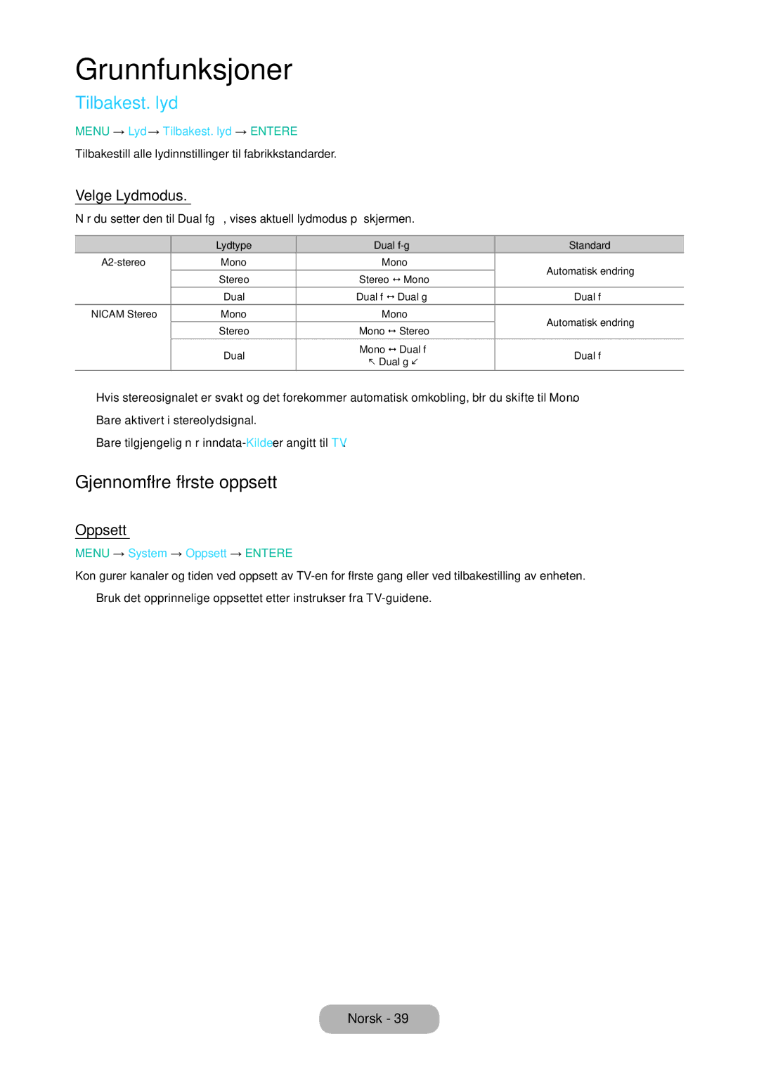 Samsung LT28D310EX/XE manual Tilbakest. lyd, Gjennomføre første oppsett, Velge Lydmodus, Oppsett 