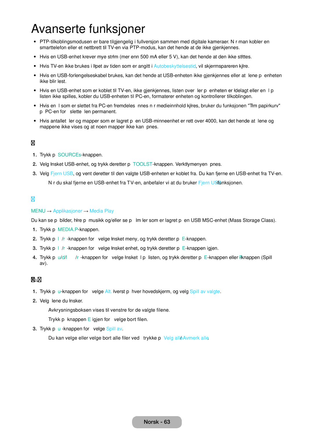 Samsung LT28D310EX/XE manual Koble fra en USB-enhet, Spille av de valgte filene, Menu → Applikasjoner → Media Play 