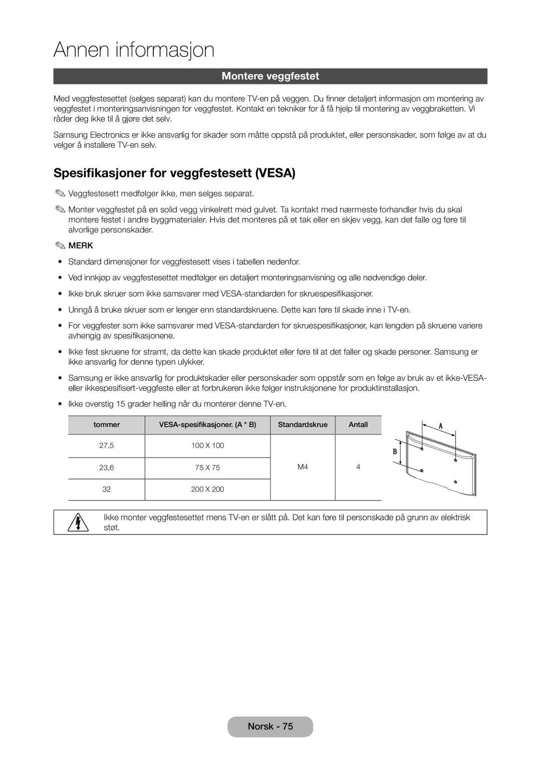 Samsung LT28D310EX/XE manual Spesifikasjoner for veggfestesett Vesa, Montere veggfestet 