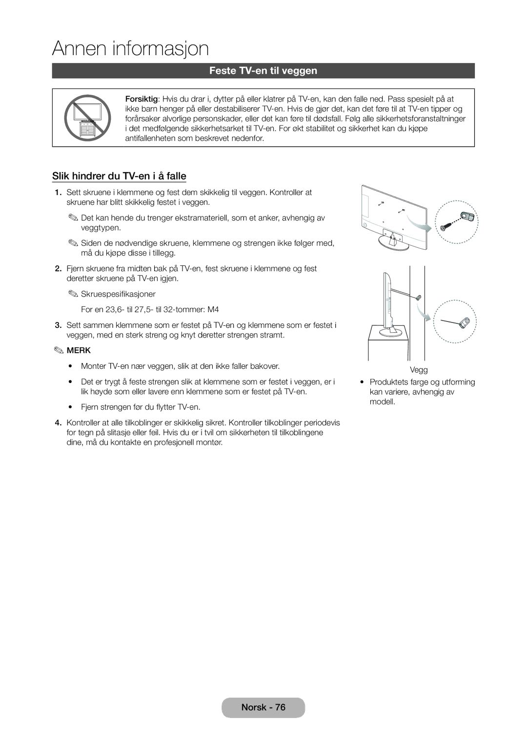 Samsung LT28D310EX/XE manual Feste TV-en til veggen, Slik hindrer du TV-en i å falle 