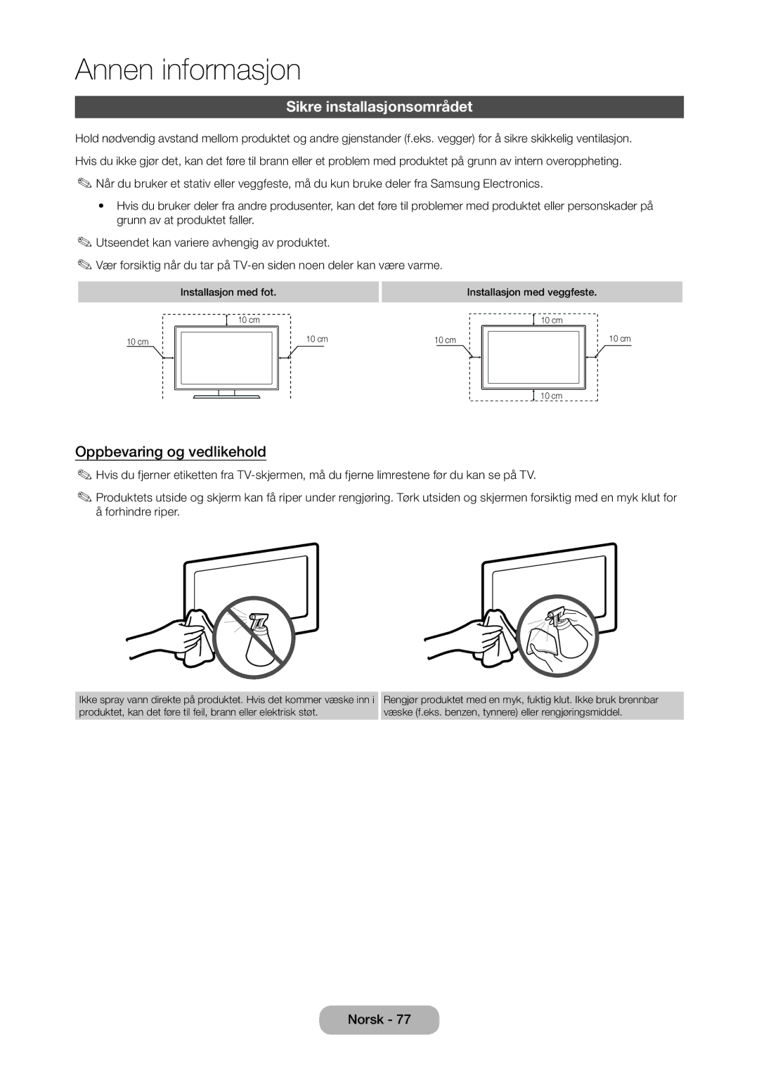 Samsung LT28D310EX/XE manual Sikre installasjonsområdet, Oppbevaring og vedlikehold 