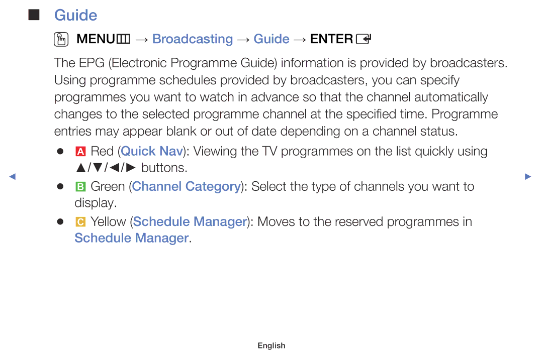 Samsung LT28E310MXT/NG manual OO MENUm → Broadcasting → Guide → Entere, Schedule Manager 