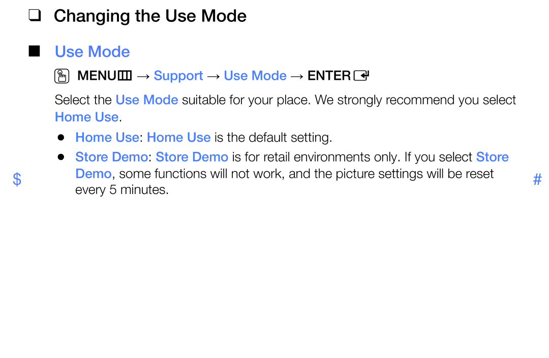 Samsung LT28E310MXT/NG manual Changing the Use Mode, OO MENUm → Support → Use Mode → Entere, Home Use 