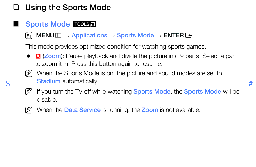 Samsung LT28E310MXT/NG manual Using the Sports Mode, Sports Mode t, OO MENUm → Applications → Sports Mode → Entere 