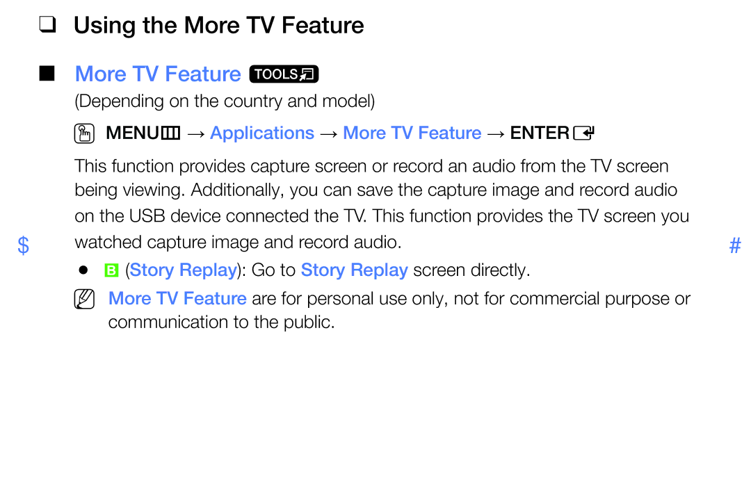 Samsung LT28E310MXT/NG Using the More TV Feature, More TV Feature t, OO MENUm → Applications → More TV Feature → Entere 