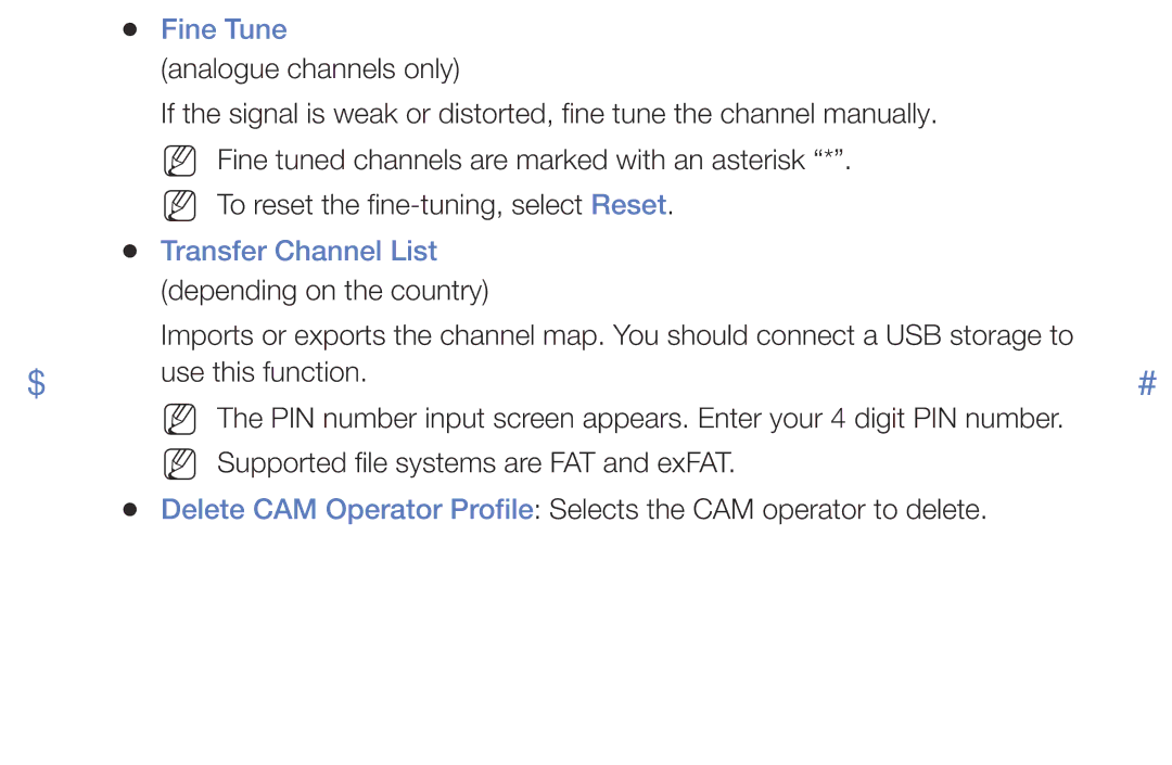 Samsung LT28E310MXT/NG manual Fine Tune, Transfer Channel List 