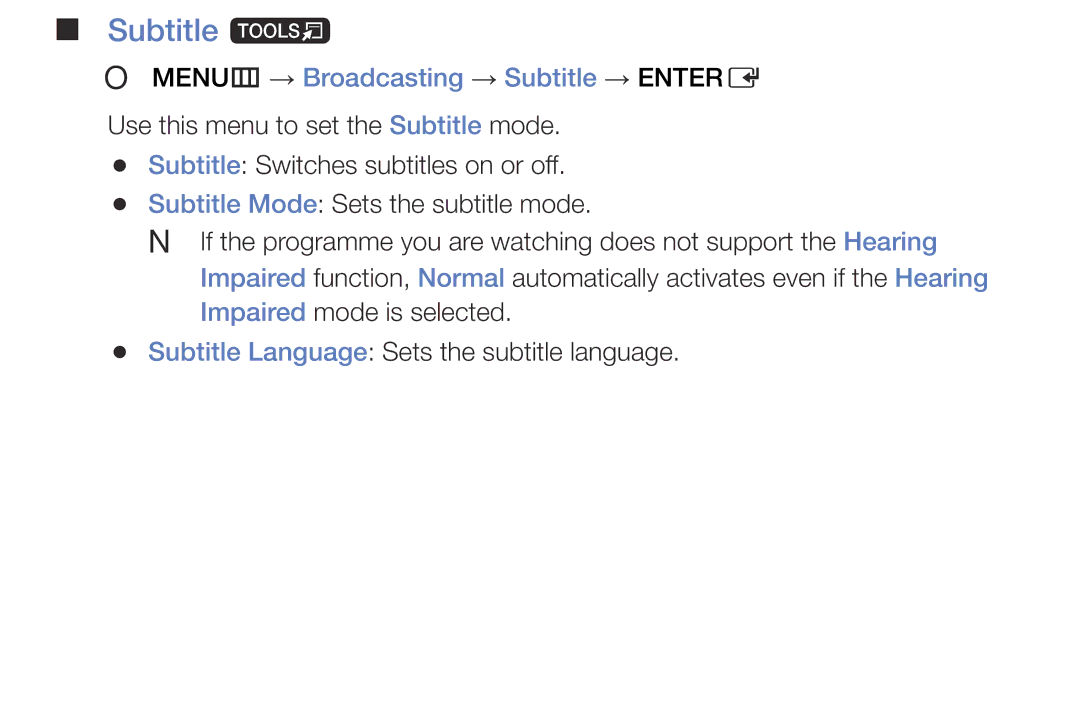 Samsung LT28E310MXT/NG manual Subtitle t, OO MENUm → Broadcasting → Subtitle → Entere 