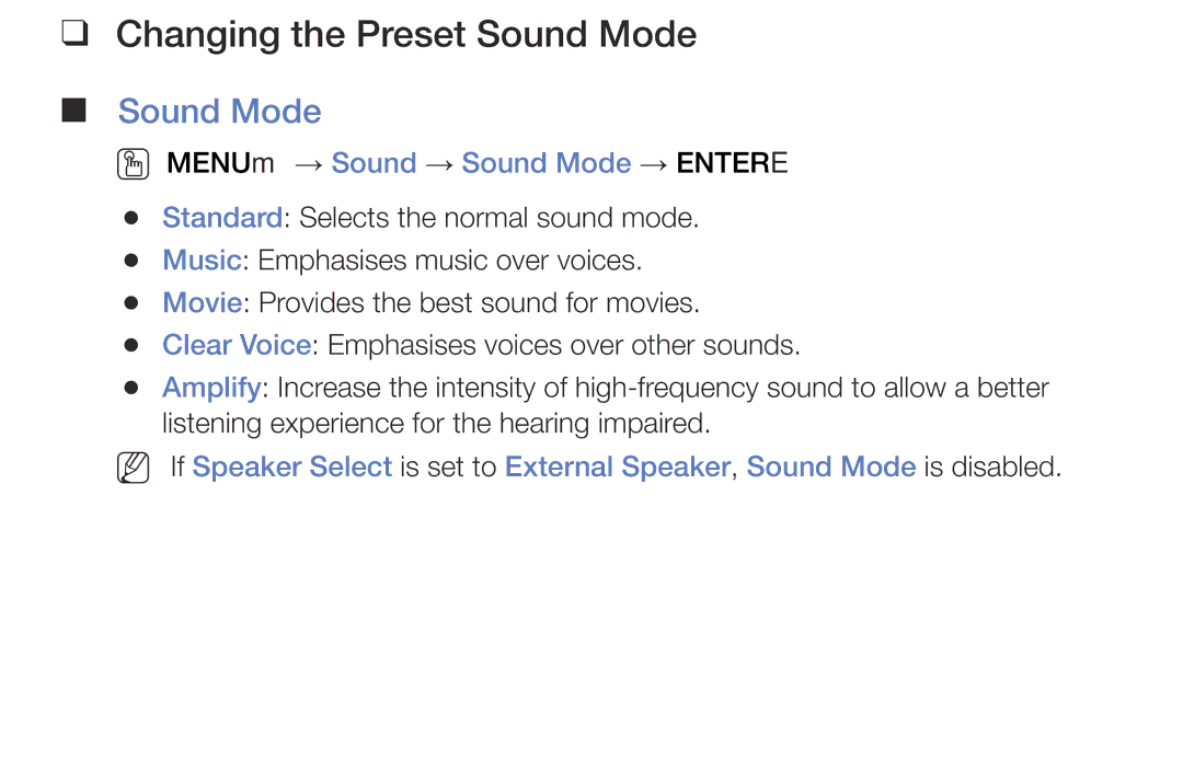 Samsung LT28E310MXT/NG manual Changing the Preset Sound Mode, OO MENUm → Sound → Sound Mode → Entere 