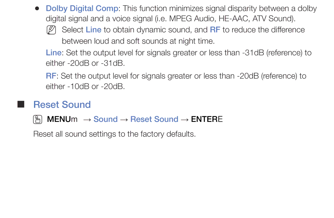 Samsung LT28E310MXT/NG manual OO MENUm → Sound → Reset Sound → Entere 