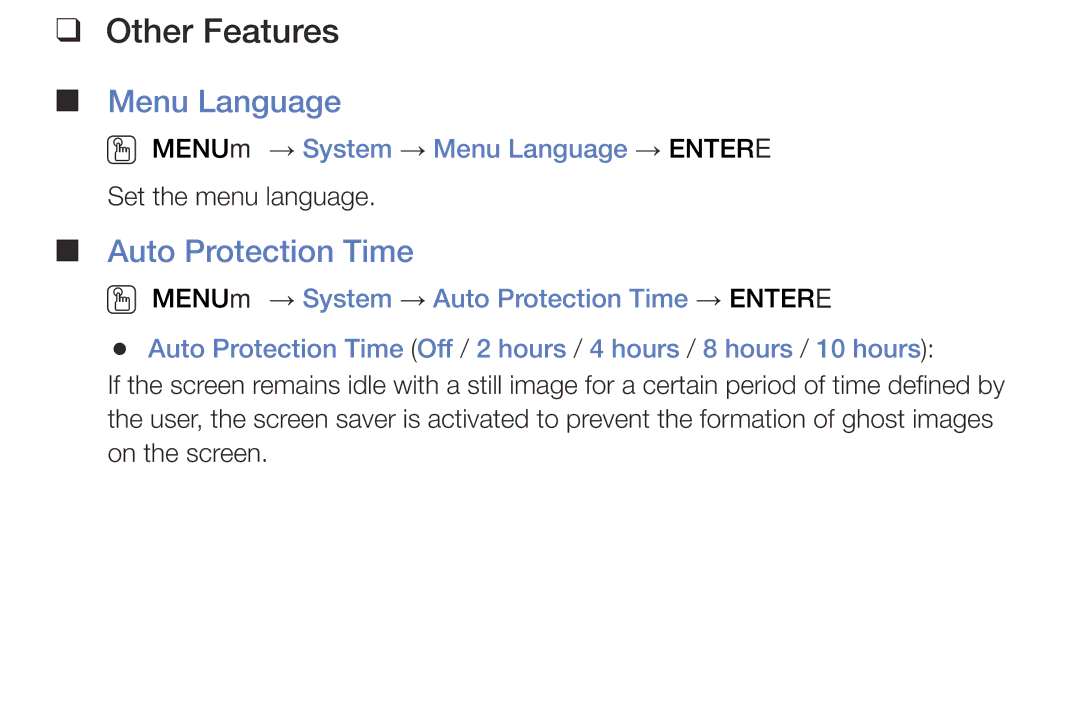 Samsung LT28E310MXT/NG manual Auto Protection Time, OO MENUm → System → Menu Language → Entere 