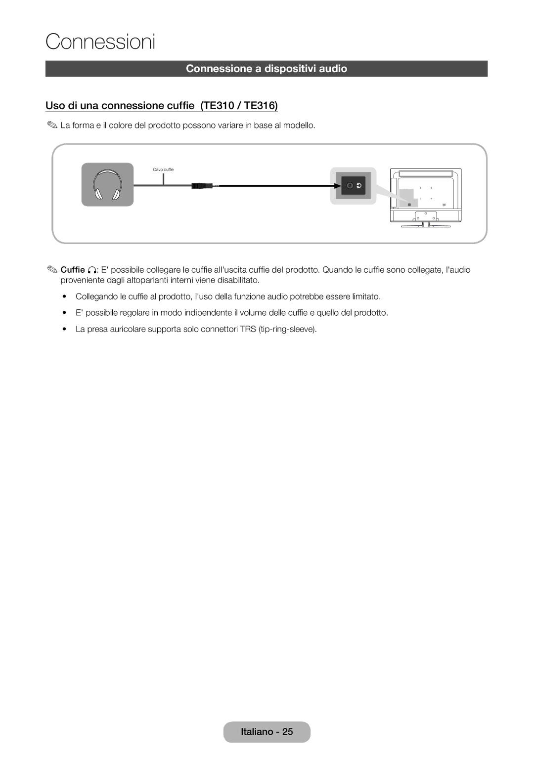 Samsung LT24E310EI/EN, LT28E316EI/EN manual Connessione a dispositivi audio, Uso di una connessione cuffie TE310 / TE316 